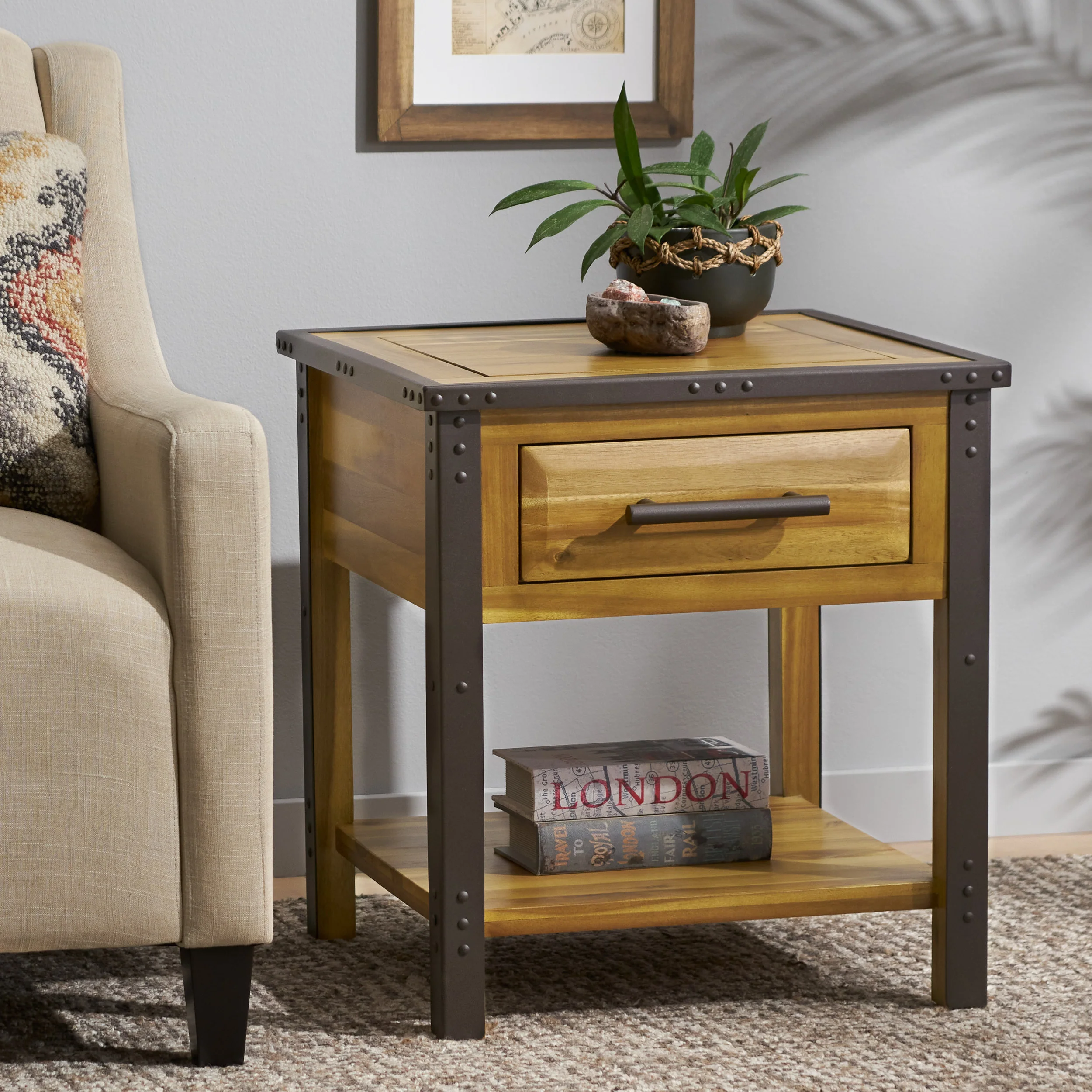 Glendora Industrial Solid Wood Single Drawer Nightstand End Table - furnishings
