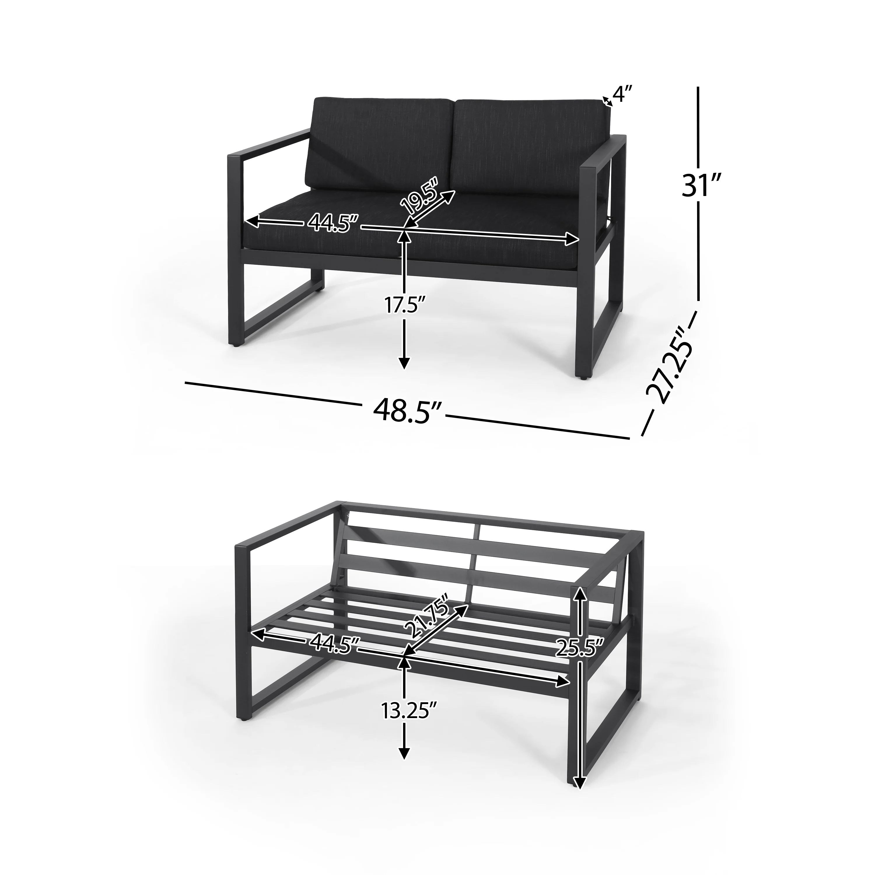 Nealie Modern Outdoor 4-Piece Dark Gray Aluminum Chat Set with Cushions - furnishings