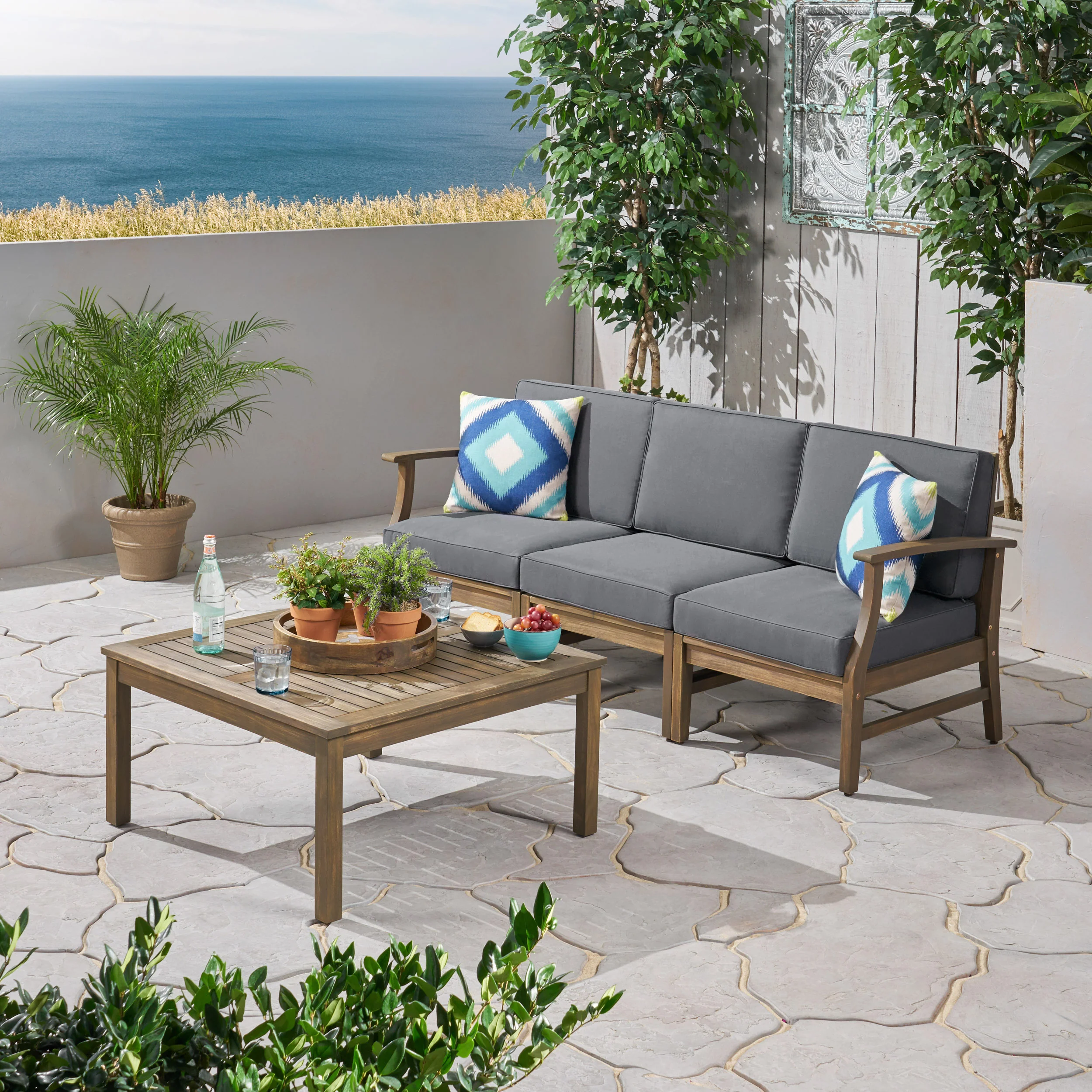 Lorelei Outdoor 4 Piece Acacia Wood Sofa and Coffee Table Set - furnishings