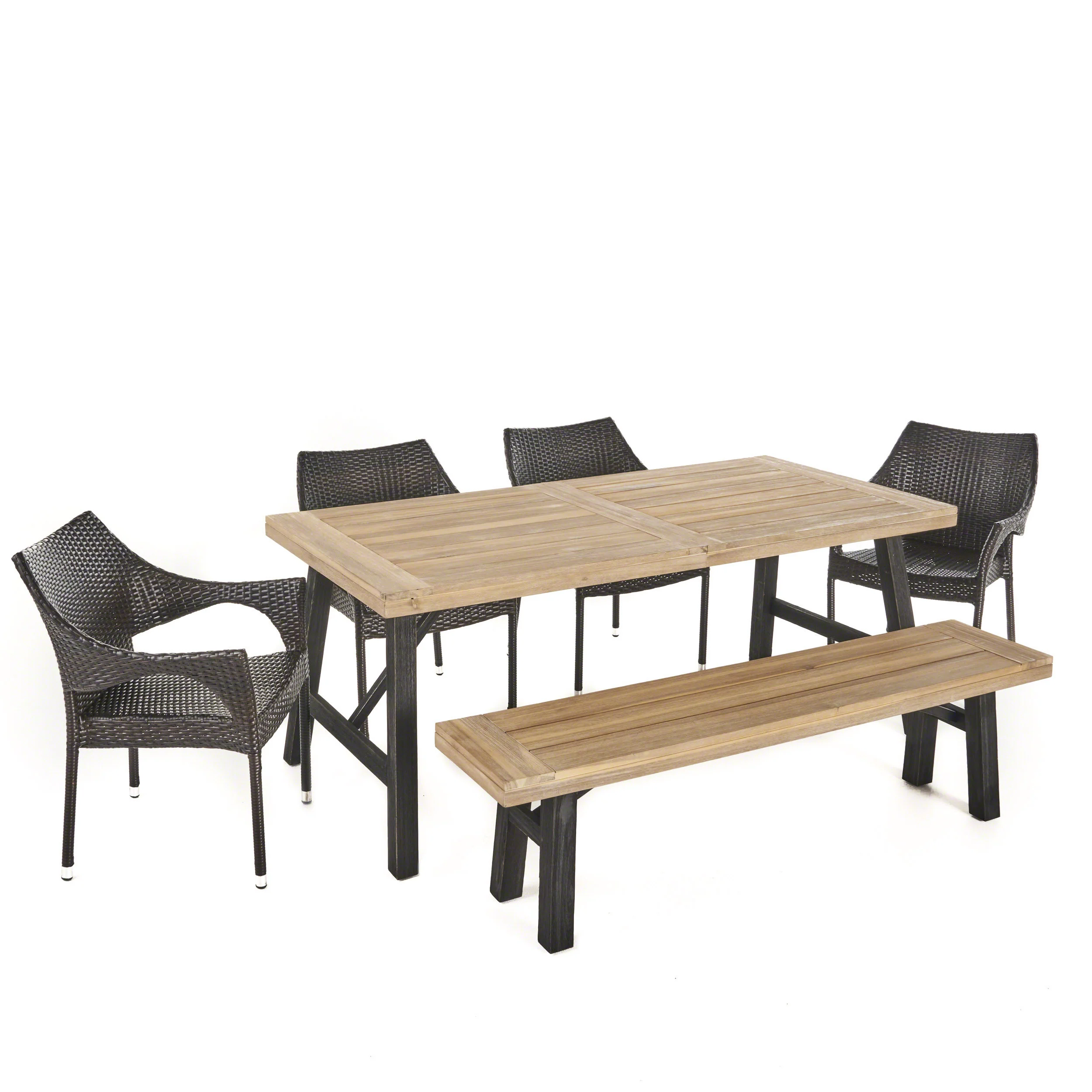 Secos Outdoor 6 Piece Acacia Wood Dining Set with Wicker Stacking Chairs - furnishings