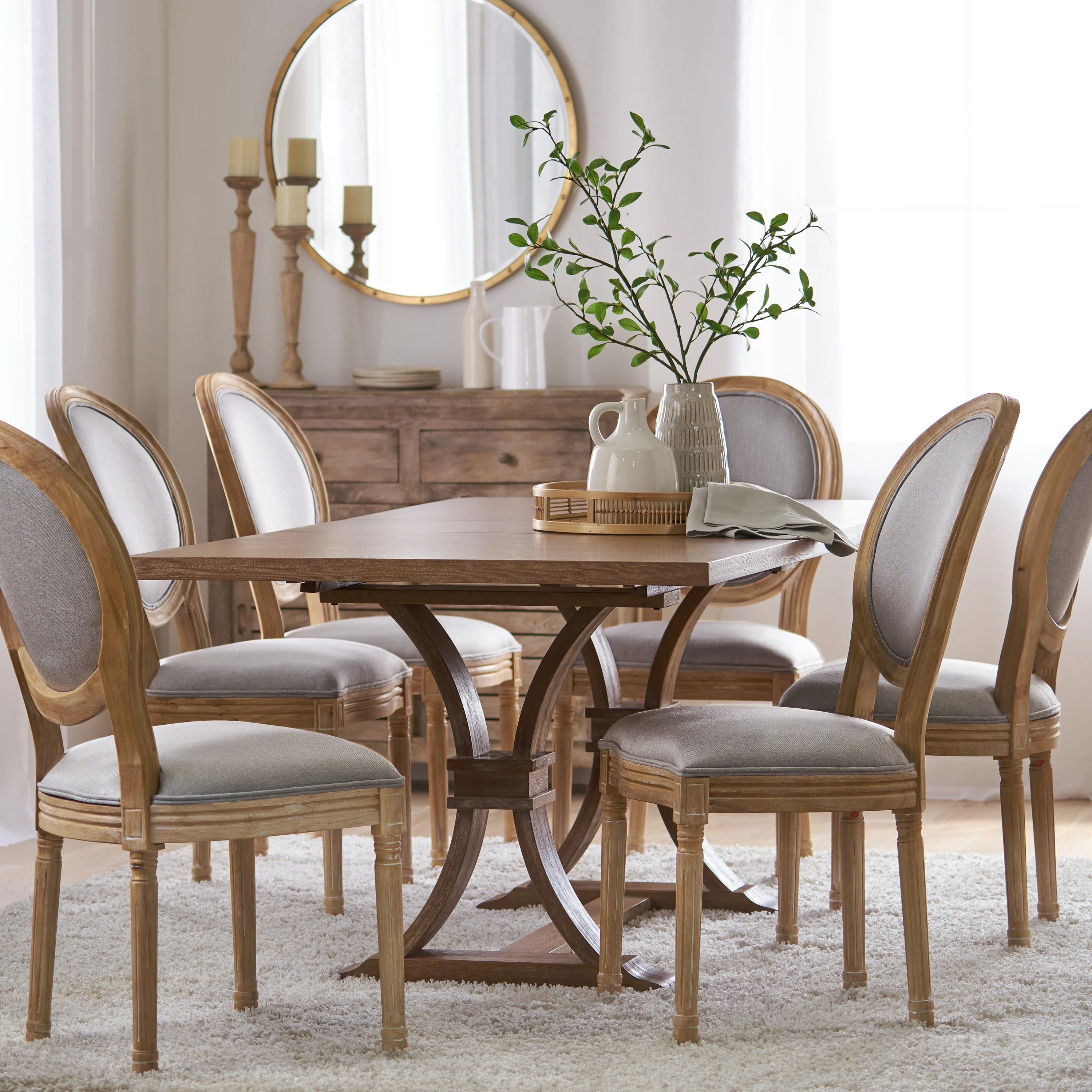Dason French Country Fabric Upholstered Wood 7 Piece Dining Set - furnishings