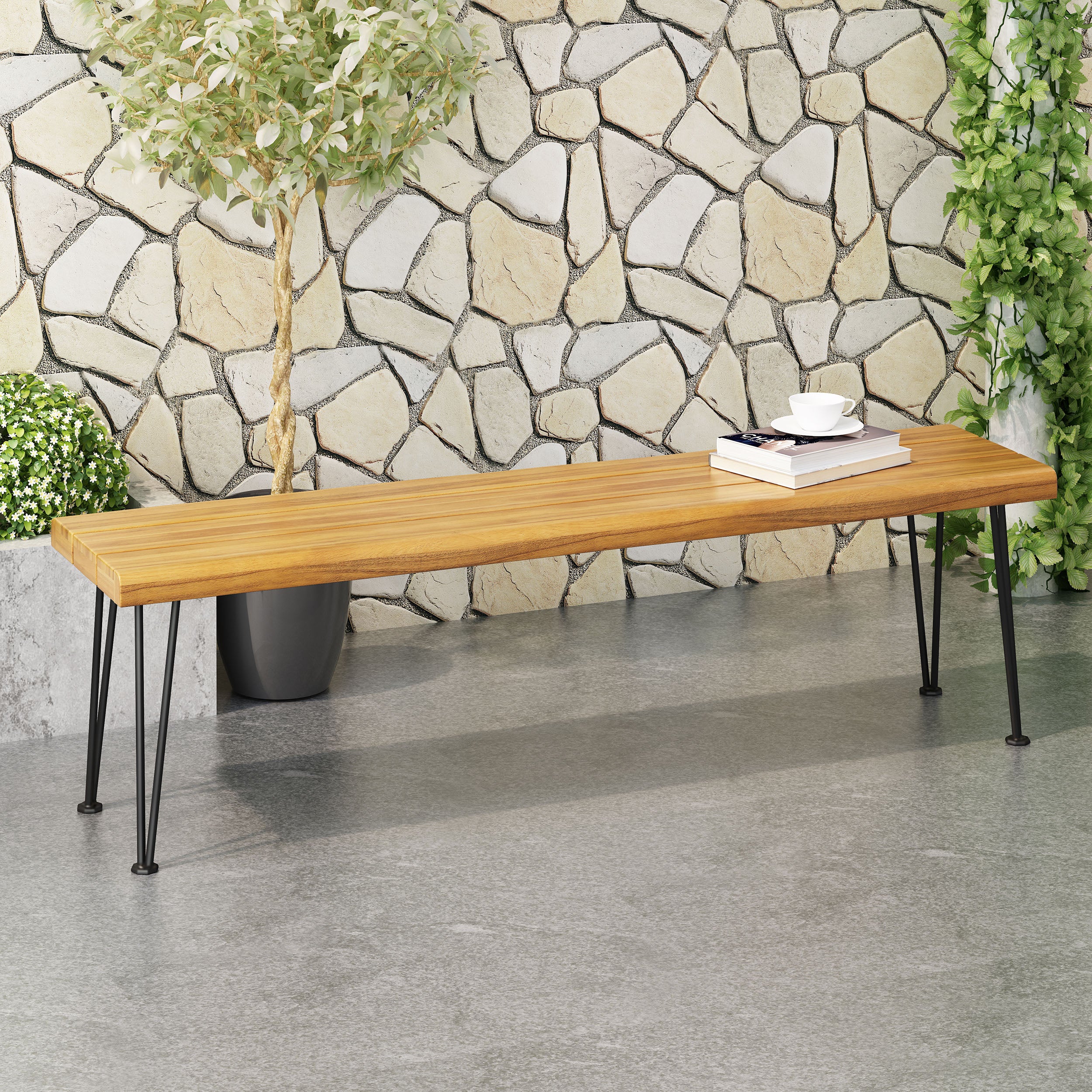 Zephyra Outdoor Modern Industrial Acacia Wood Bench with Metal Hairpin Legs - furnishings