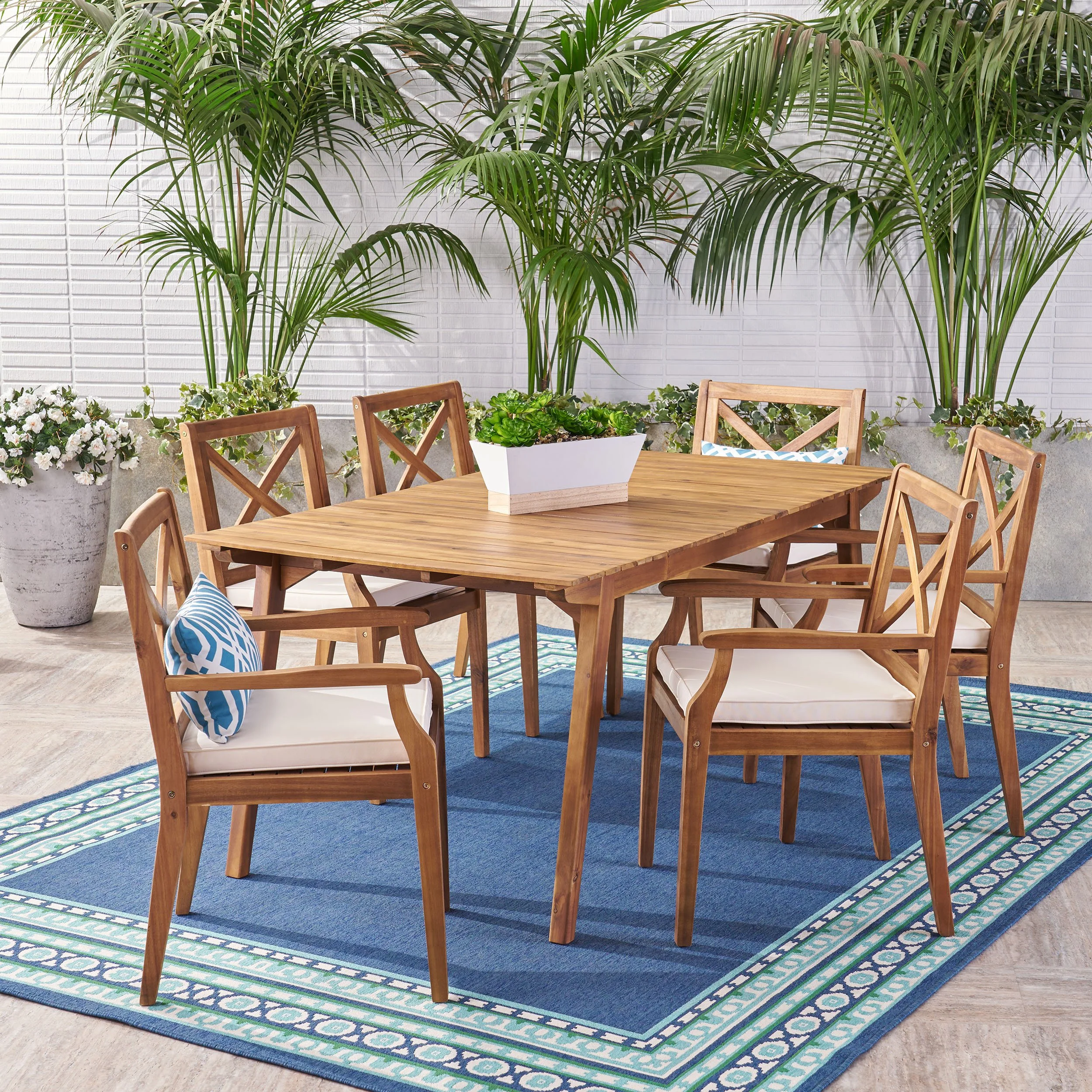 Brinkley Outdoor 7-Piece Acacia Wood Dining Set with Cushions - furnishings