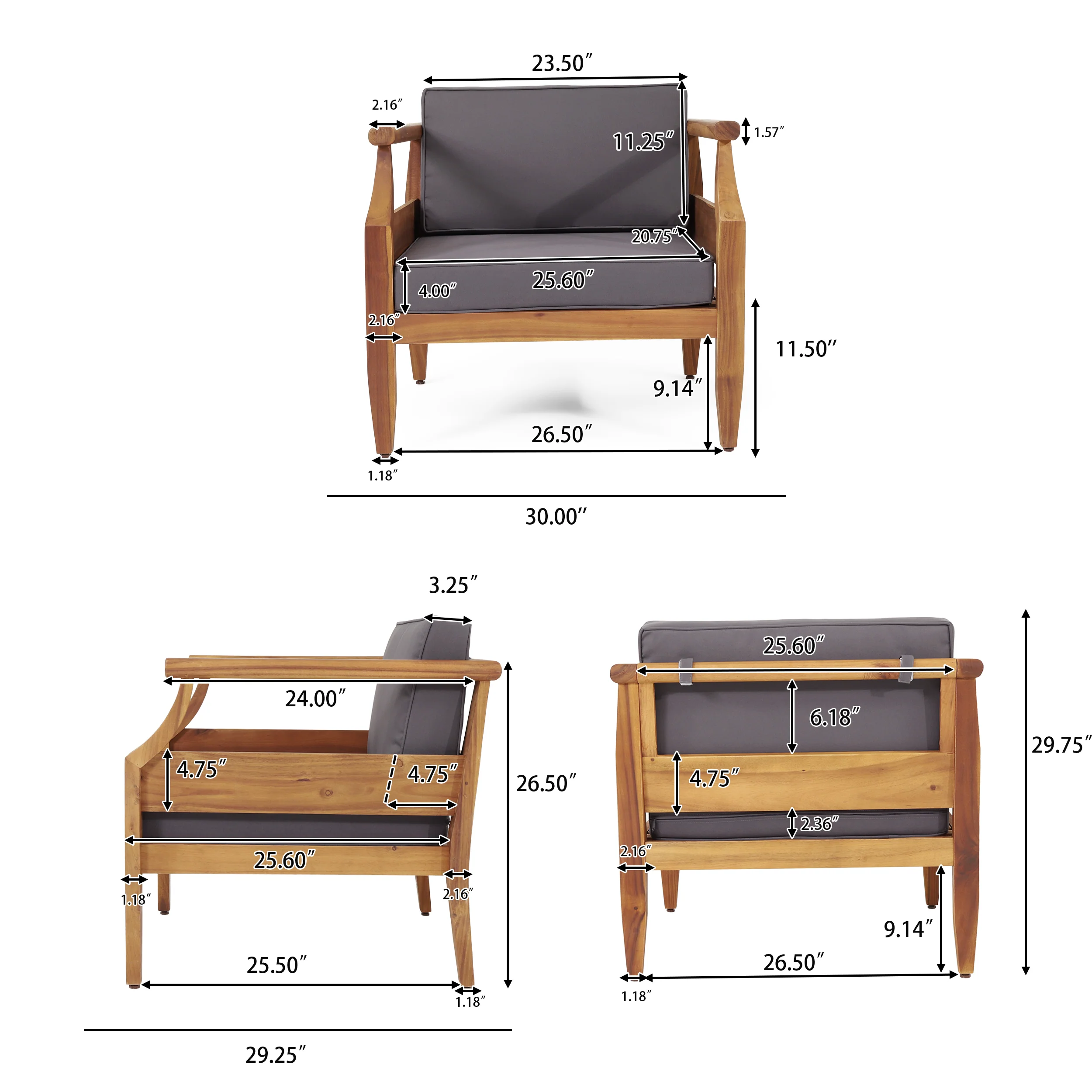 Bianca Outdoor Mid-Century Modern Acacia Wood 5 Seater Sectional Chat Set with Club Chair, Teak and Dark Gray - furnishings