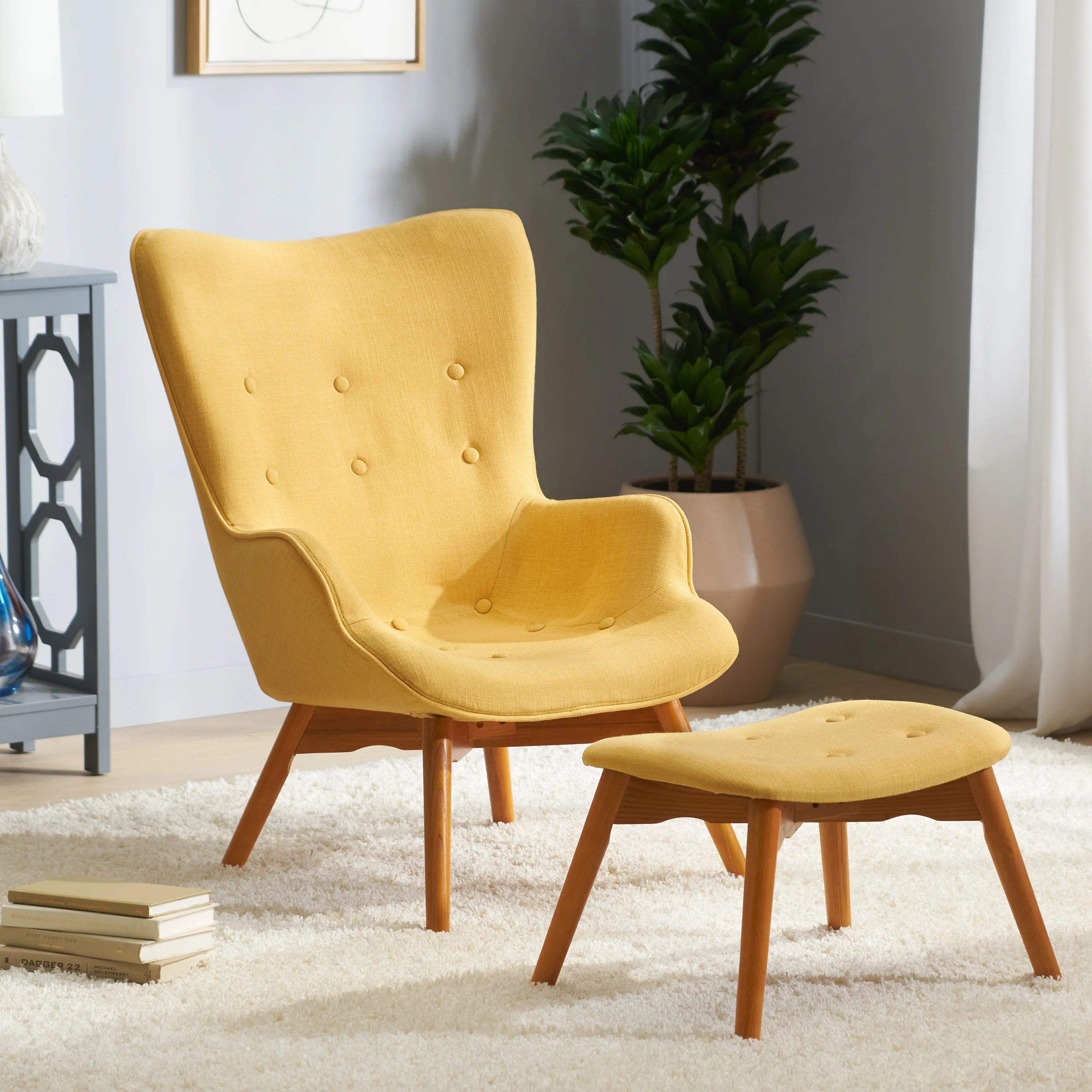 Acantha Mid-Century Modern Wingback Fabric Chair and Ottoman Set - furnishings