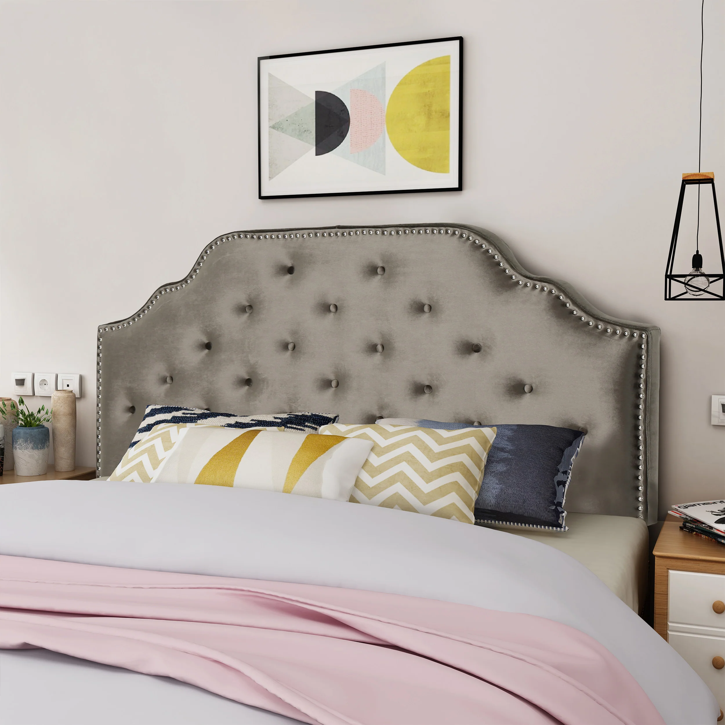 Falcon Contemporary Tufted New Velvet Queen/Full Headboard w/ Nailhead Accents - furnishings