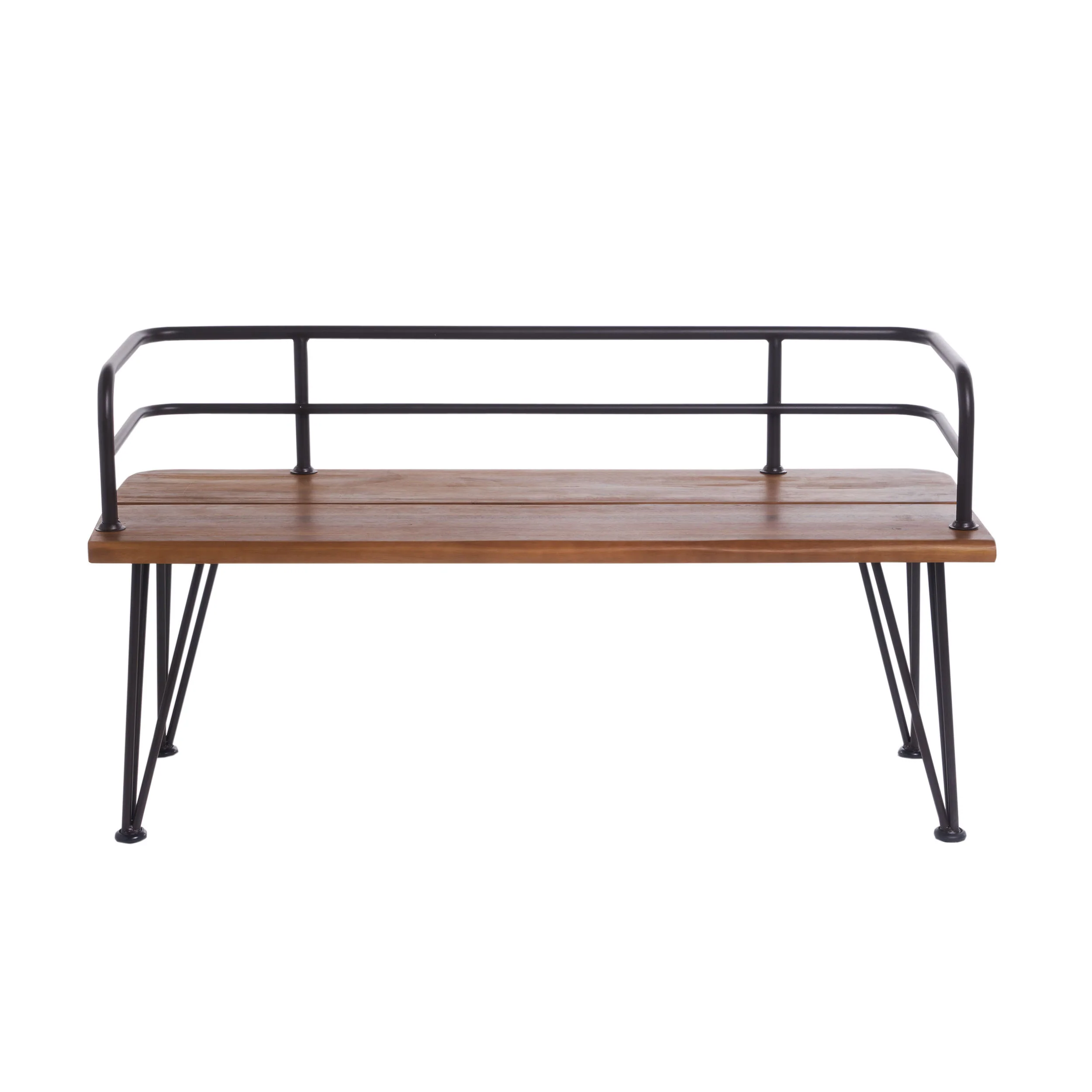 Avy Outdoor Rustic Industrial Acacia Wood Bench with Metal Hairpin Legs, Teak - furnishings