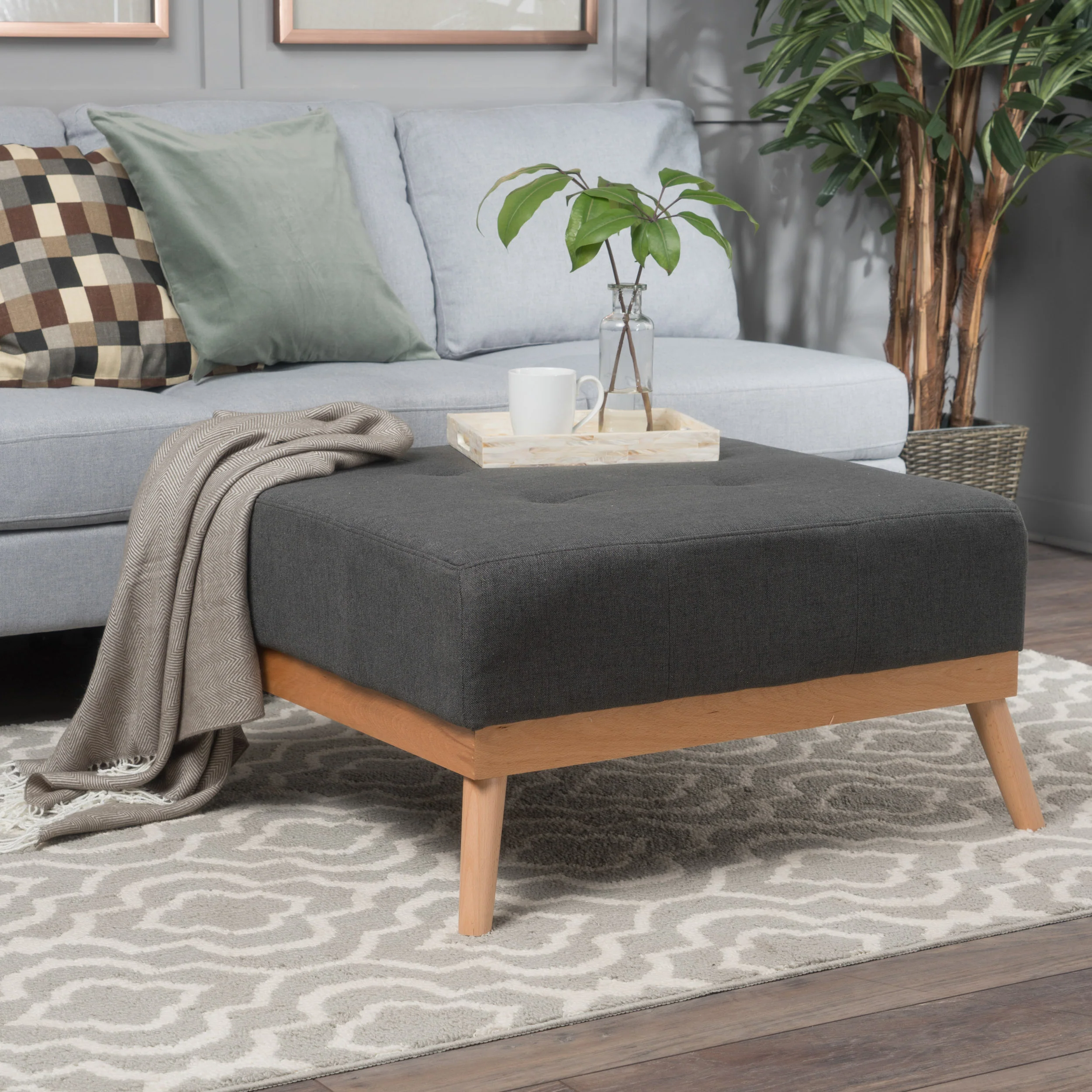 Lou Mid-Century Oxford Gray Fabric Ottoman - furnishings