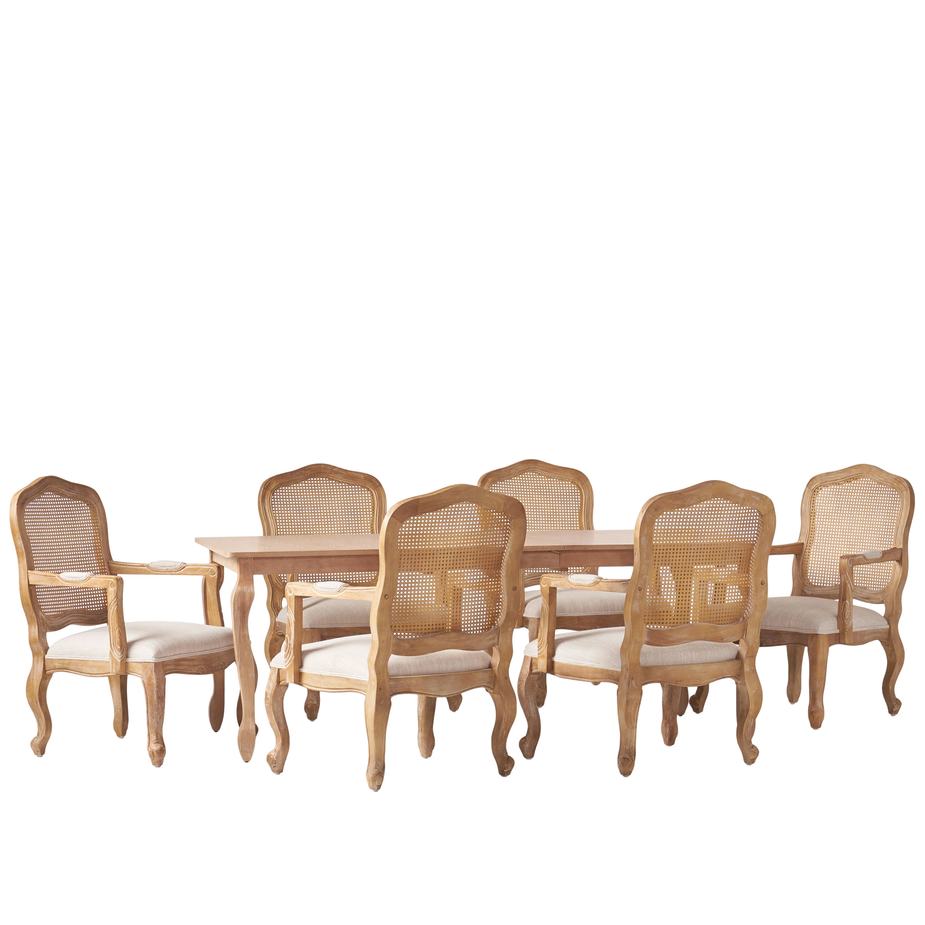 Bonview French Country Fabric Upholstered Wood and Cane Expandable 7 Piece Dining Set - furnishings