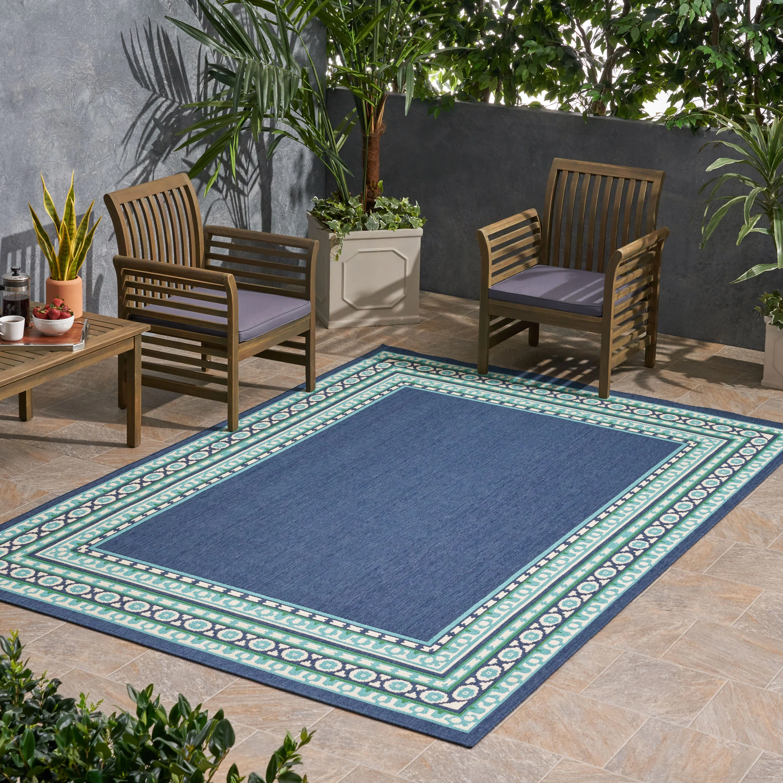 Reid Indoor/Outdoor Border Area Rug, Navy and Green - furnishings