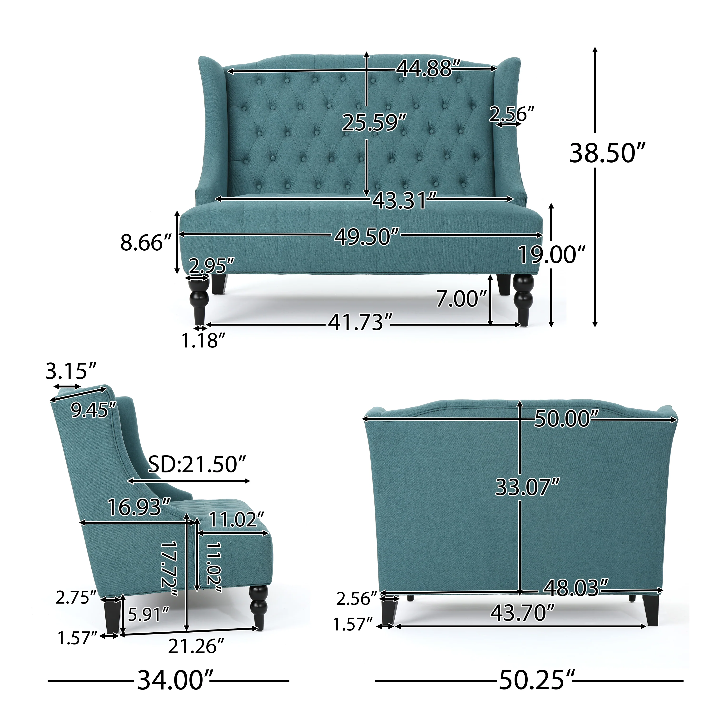 Leona French Style High Back Tufted Winged Fabric Loveseat - furnishings