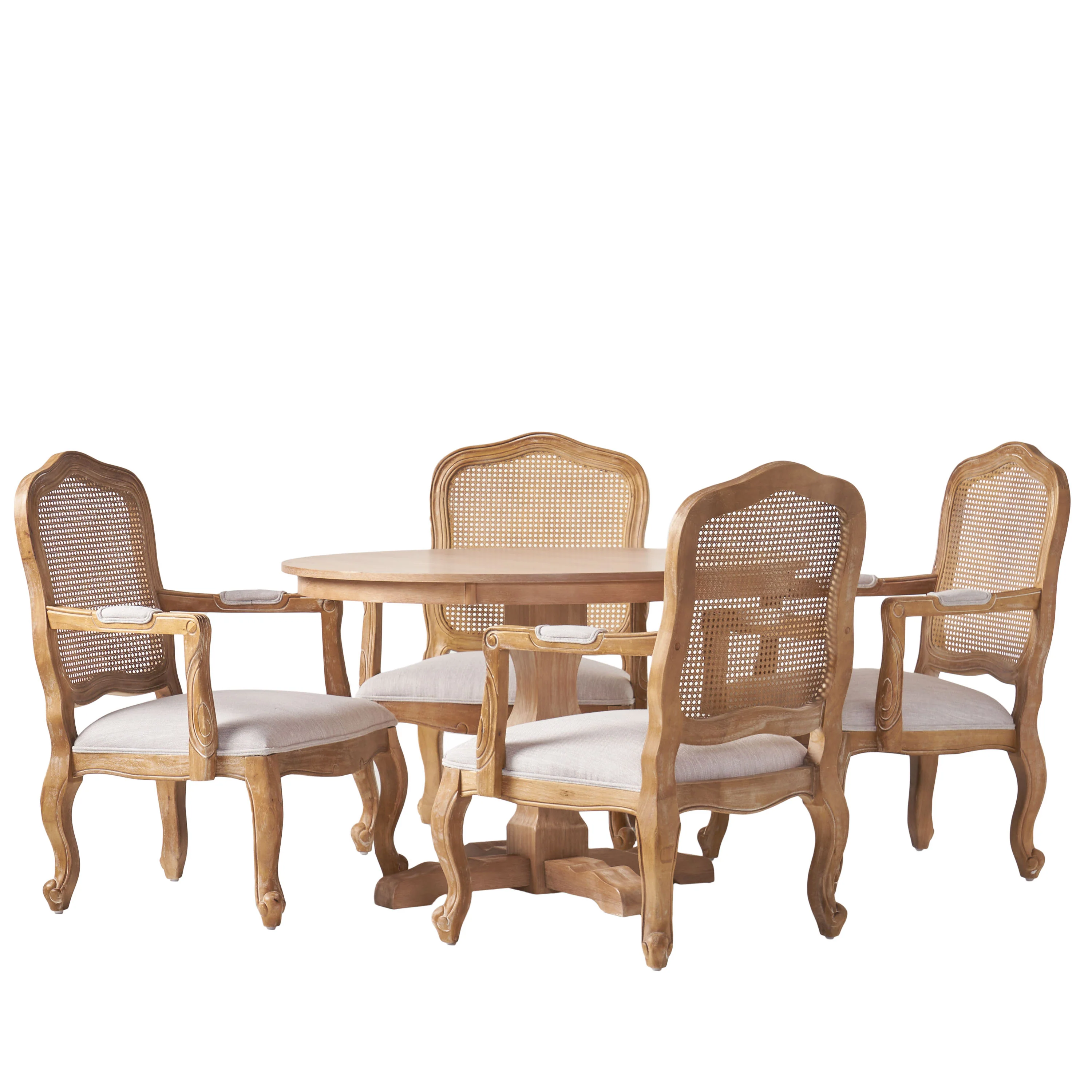 Absaroka French Country Fabric Upholstered Wood and Cane 5 Piece Circular Dining Set - furnishings