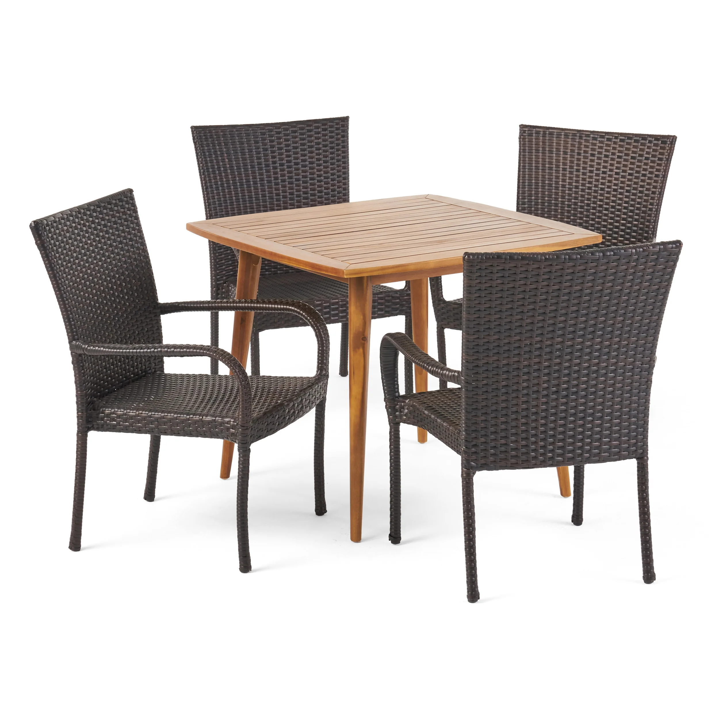 Marsh Outdoor 5 Piece Wood and Wicker Dining Set, Teak and Multi Brown - furnishings