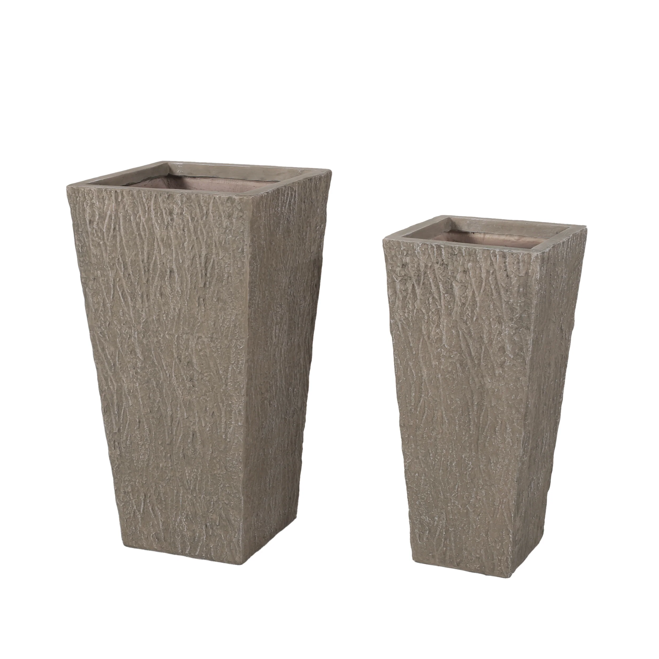 Mistler Outdoor Large and Medium Cast Stone Planters, Set of 2, Brown Wood - furnishings