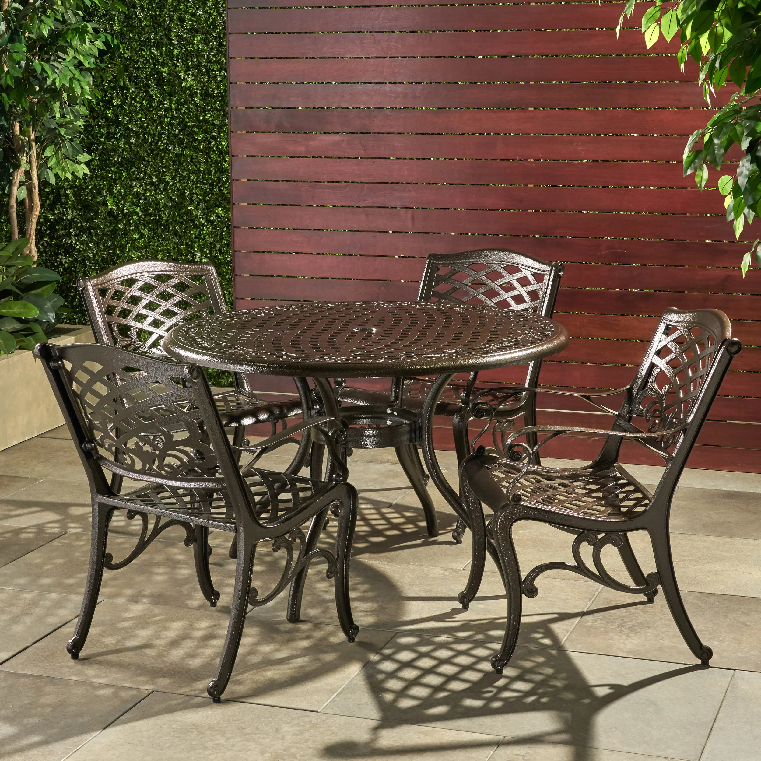 Covington Outdoor 5-Piece Bronze Cast Aluminum Dining Set with Umbrella Hole - furnishings