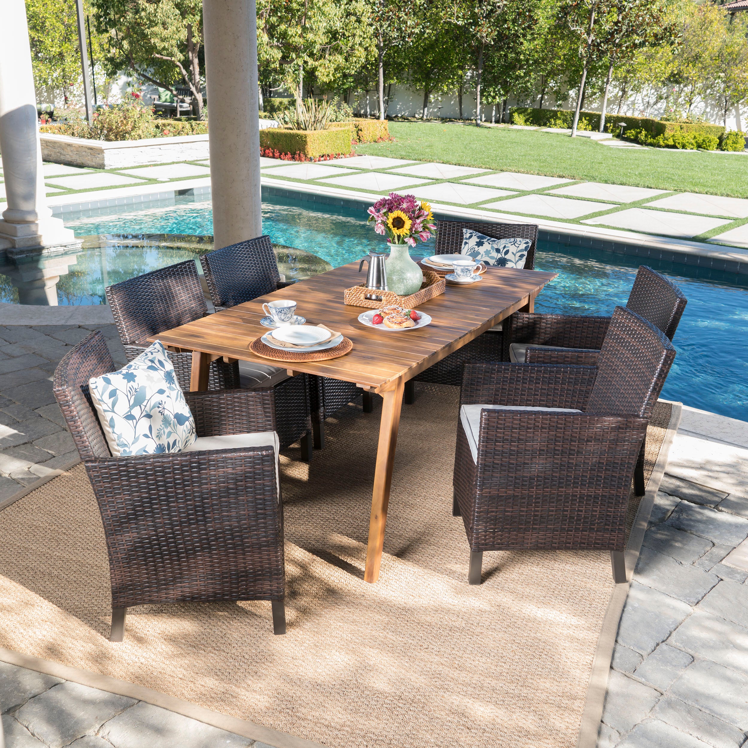 Denmark Outdoor 7 Piece Teak Finished Acacia Wood Rectangular Dining Set - furnishings