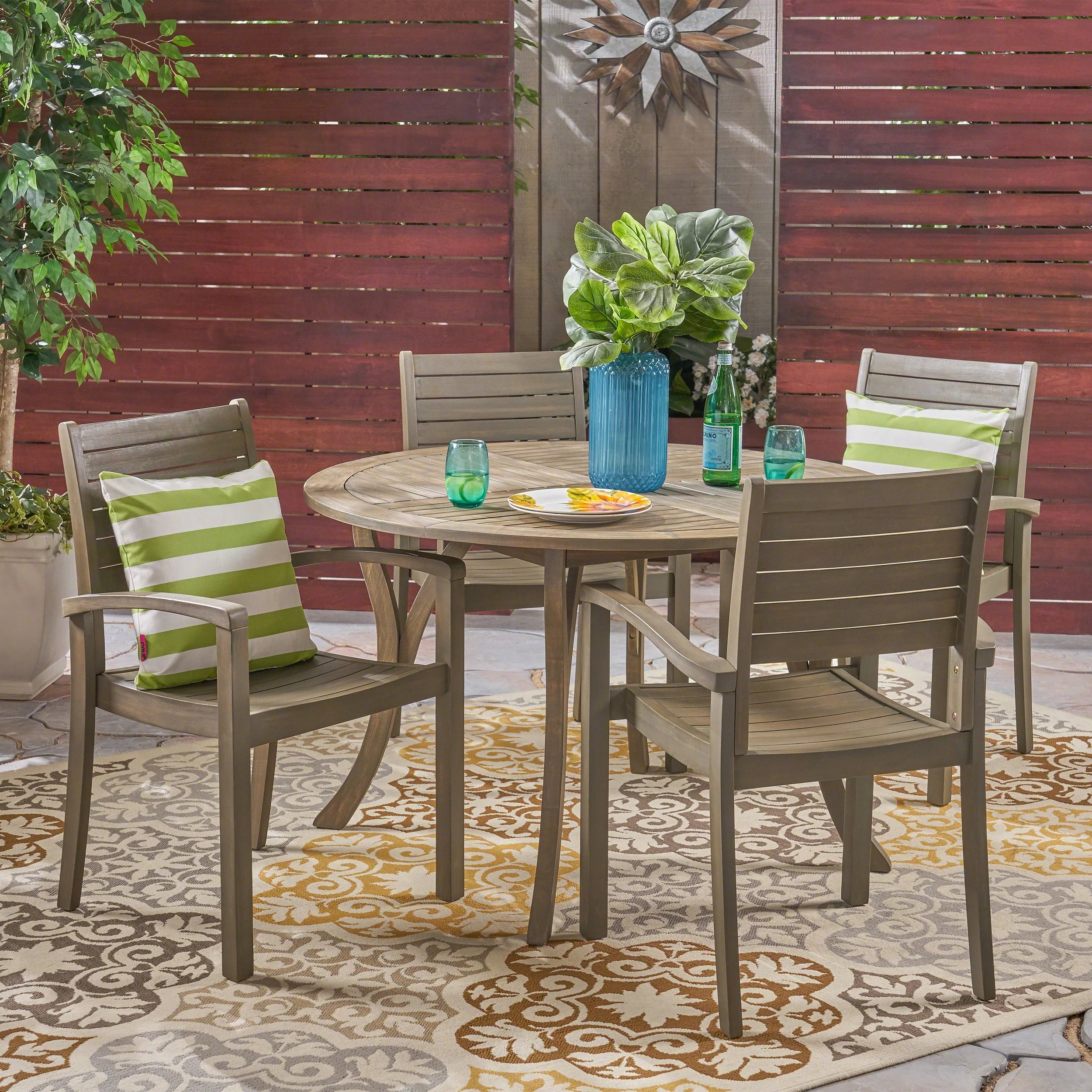 Payne Outdoor Rustic 5 Piece Round Acacia Wood Dining Set with Slats - furnishings