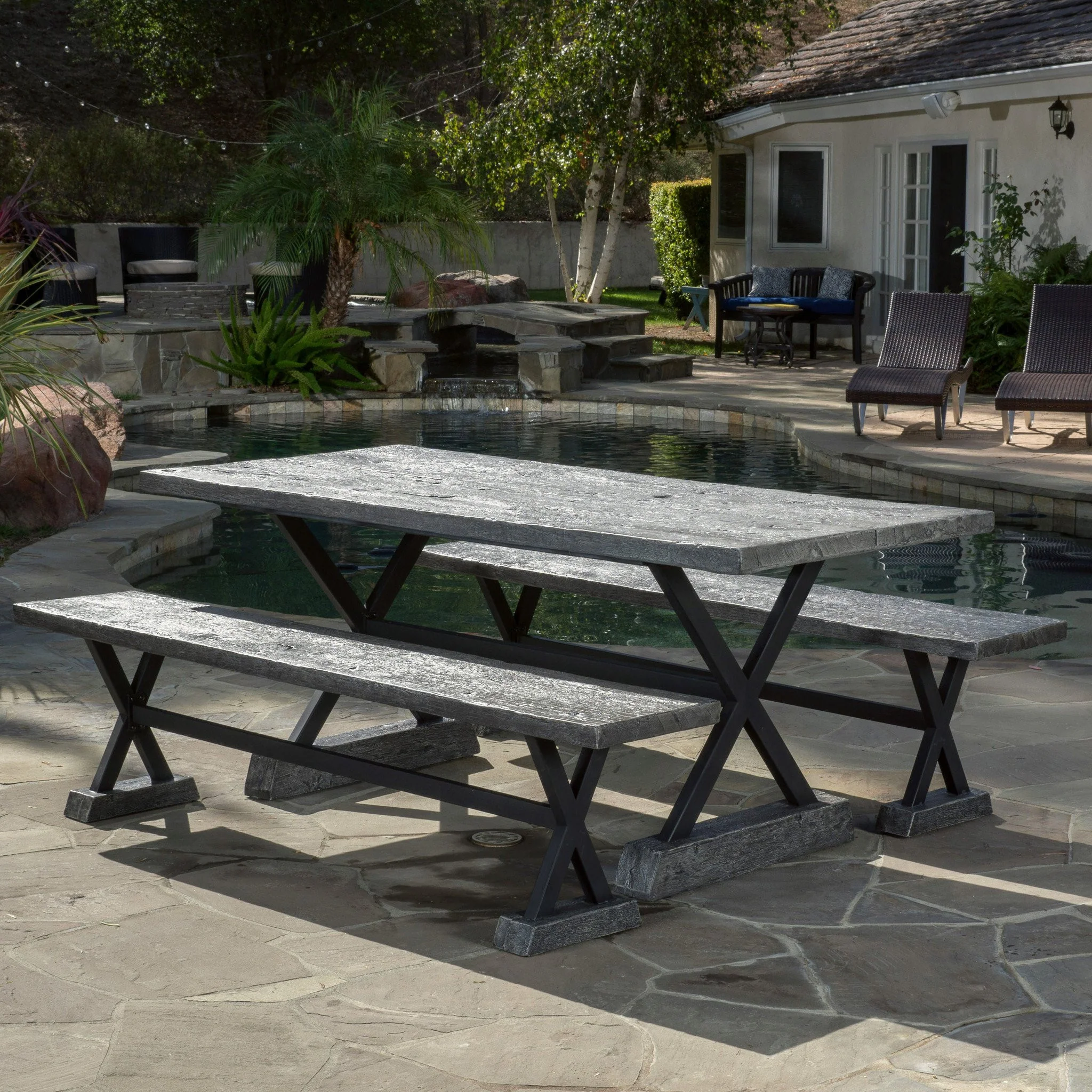 Colby Outdoor 3 Piece Lightweight Concrete Dining Set with Benches - furnishings