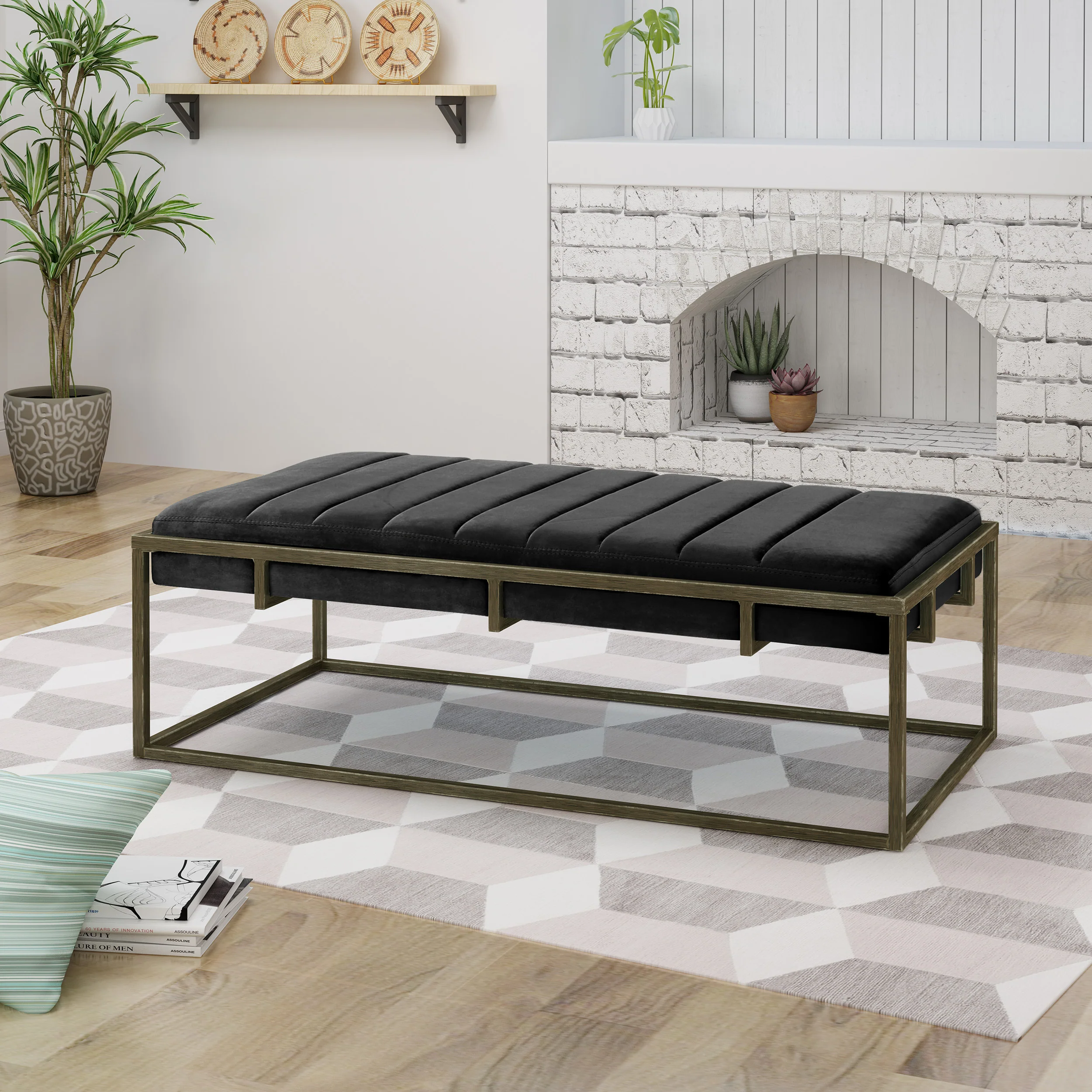 Vassy Modern Velvet Ottoman Bench with Brass Finish - furnishings