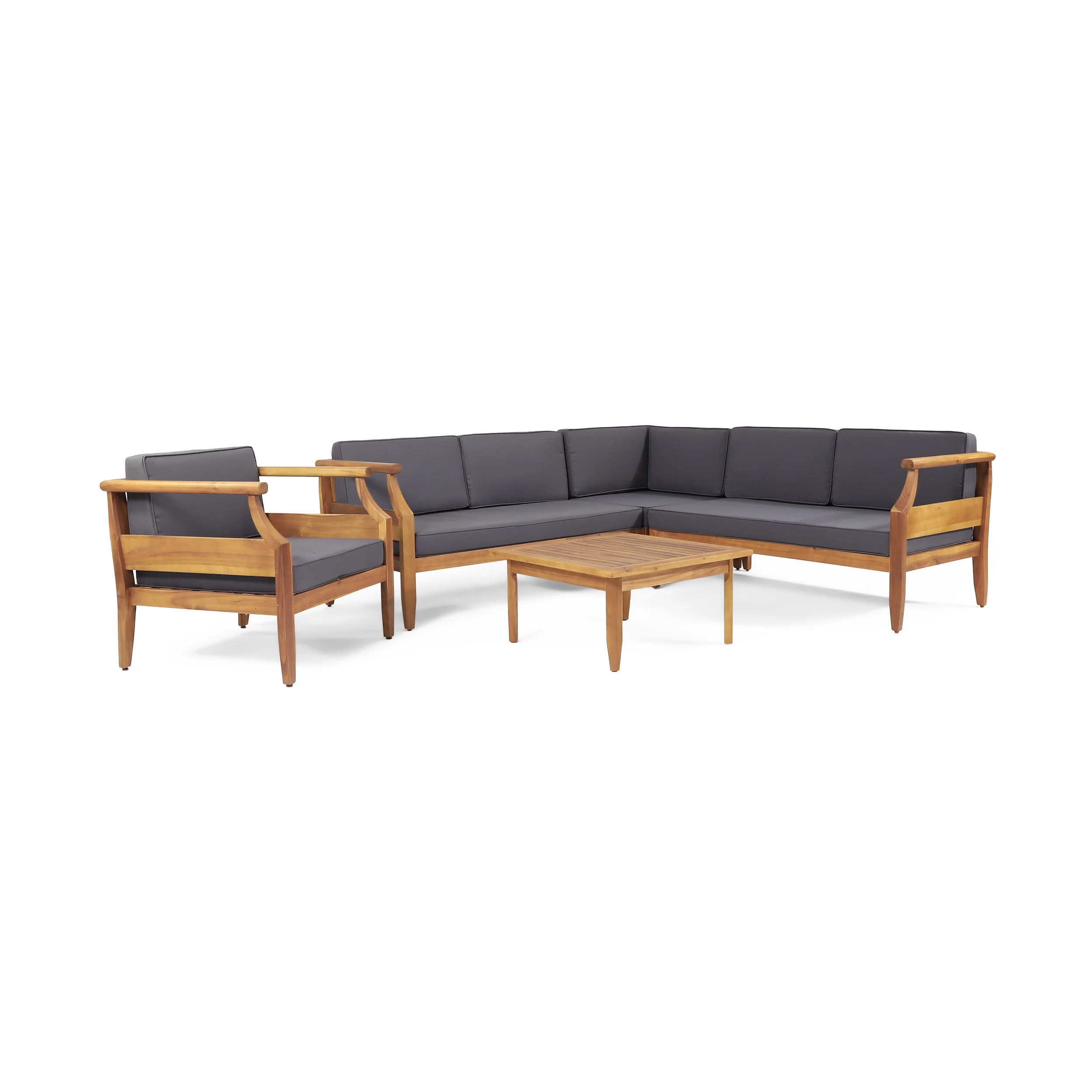Bianca Outdoor Mid-Century Modern Acacia Wood 5 Seater Sectional Chat Set with Club Chair, Teak and Dark Gray - furnishings