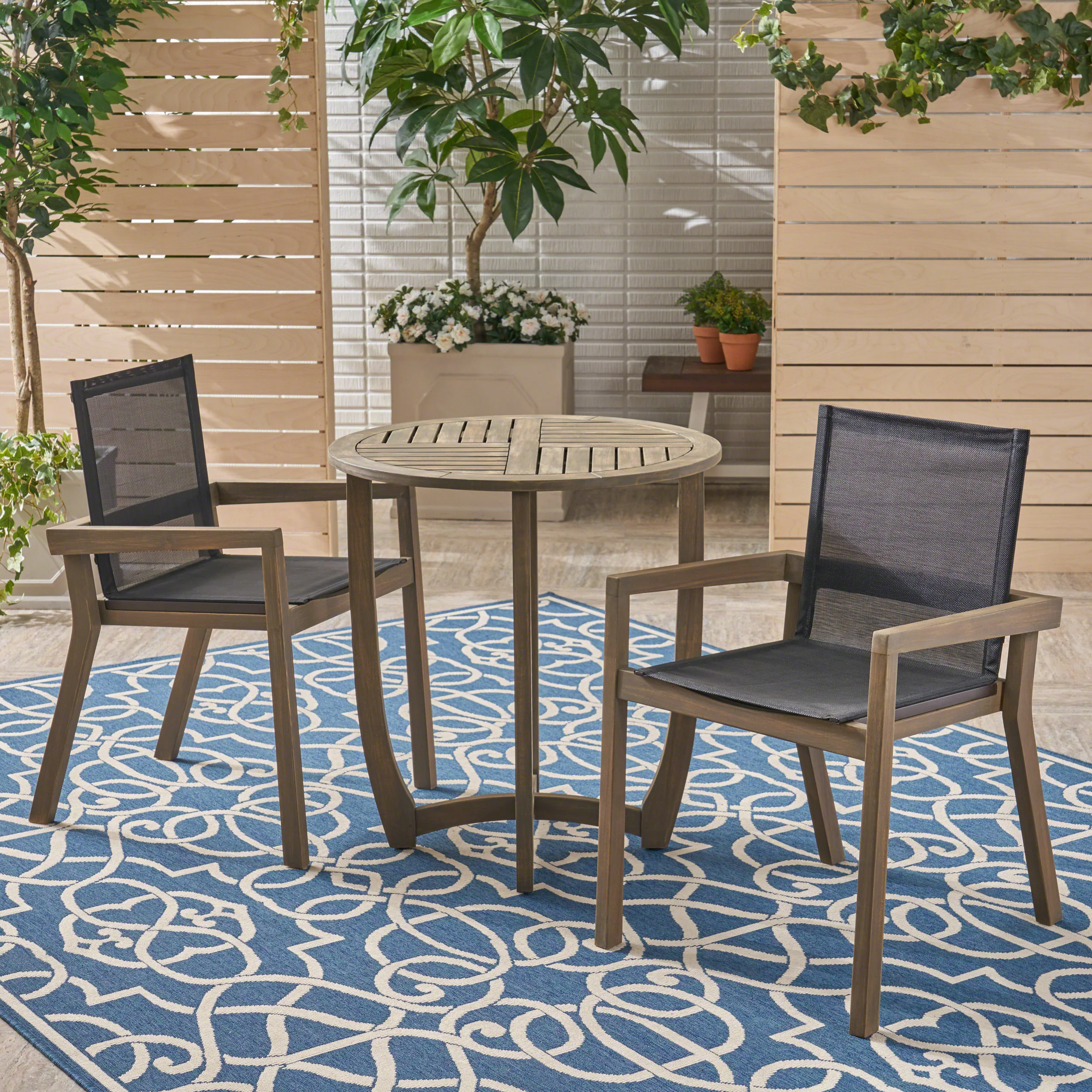 Marcell Outdoor Acacia Wood 3 Piece Dining Set with Mesh Seats - furnishings