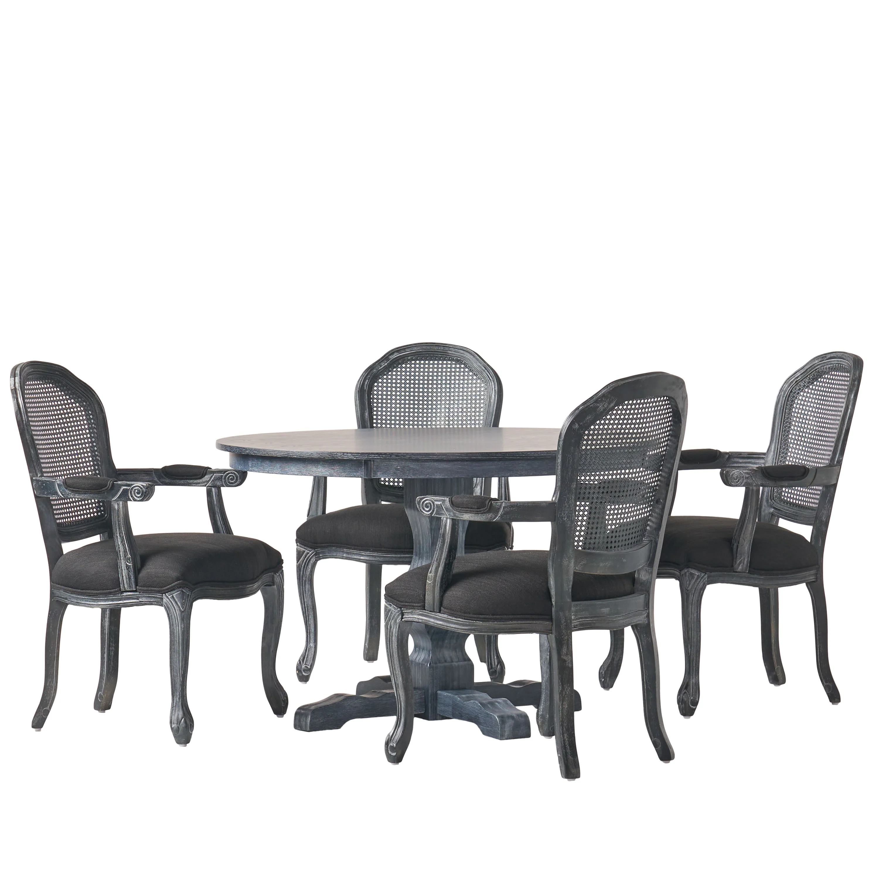 Ardyce French Country Fabric Upholstered Wood and Cane 5 Piece Circular Dining Set - furnishings