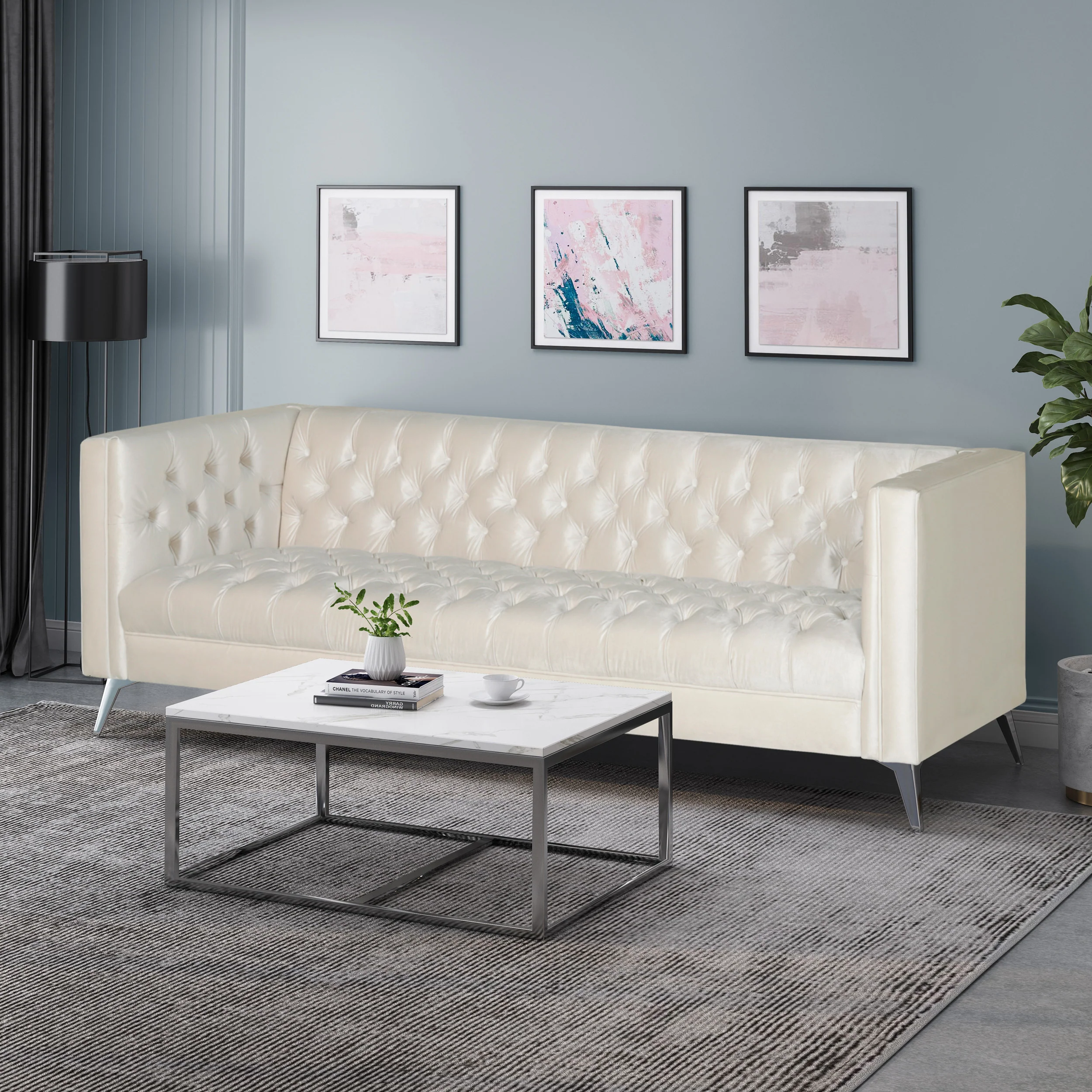 Harnoor Contemporary Tufted Velvet 3 Seater Sofa - furnishings