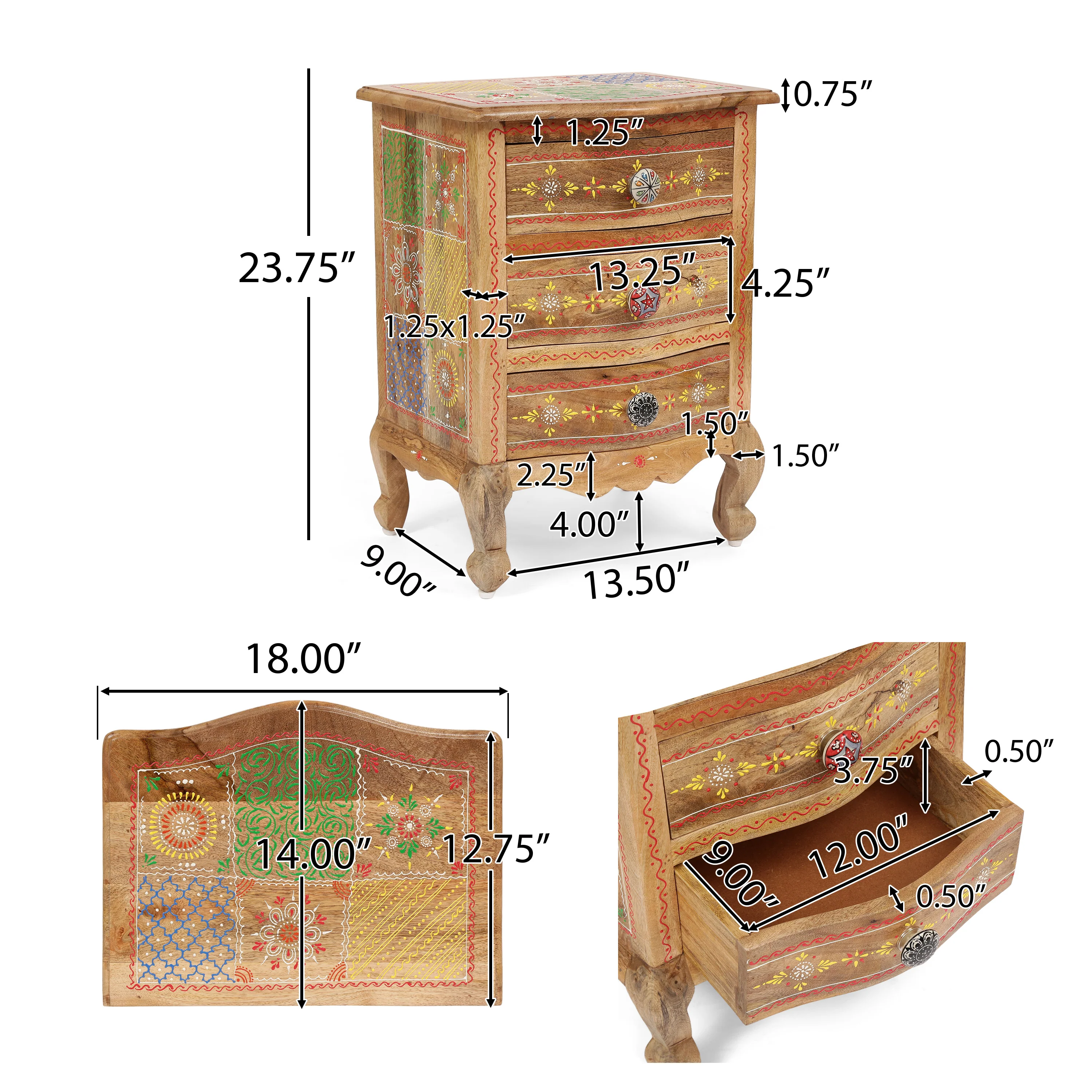 Valdosta Handcrafted Boho Mango Wood 3 Drawer Nightstand - furnishings