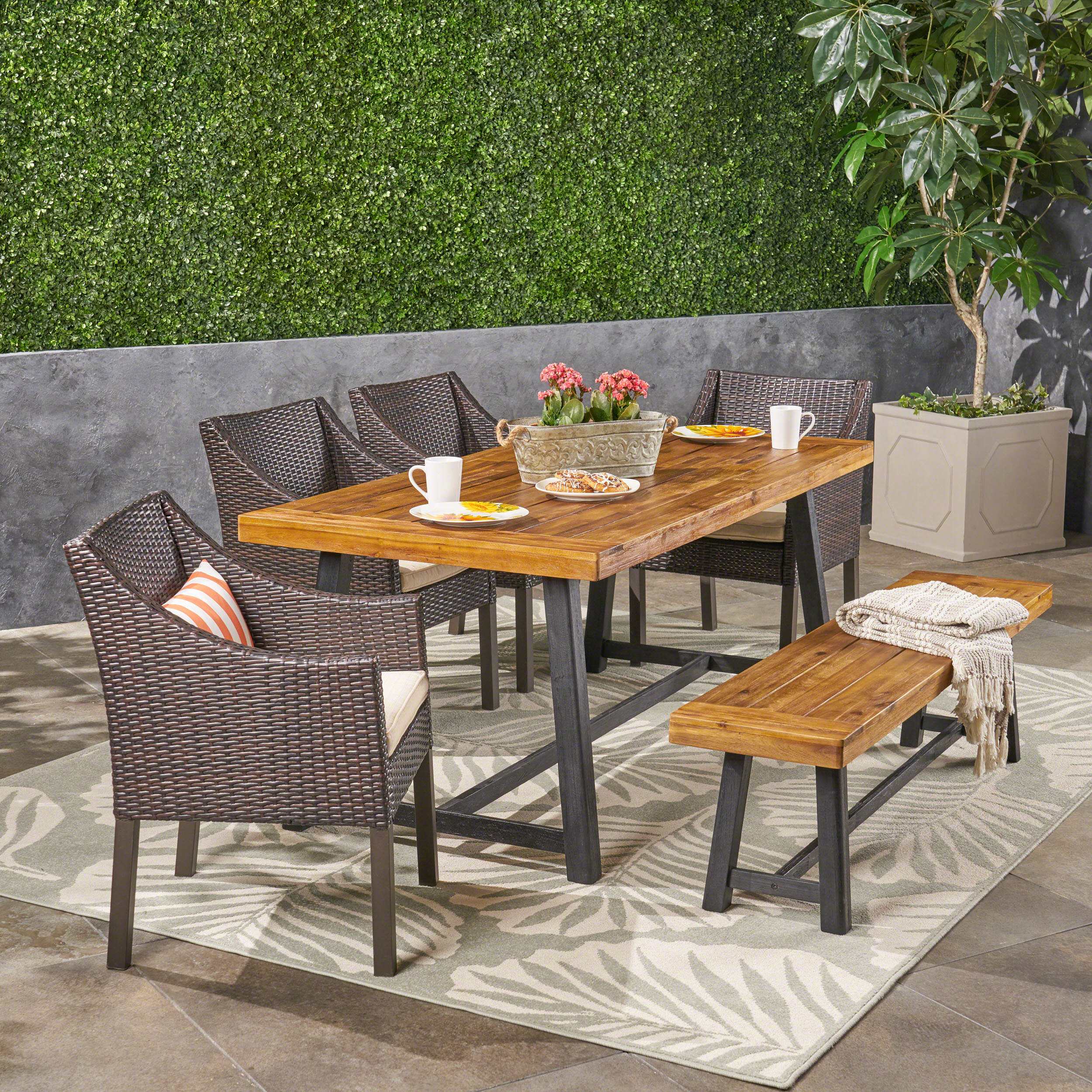 Kane Outdoor 6 Piece Dining Set with Wicker Chairs and Bench, Sandblast Teak and Multi Brown and Beige - furnishings