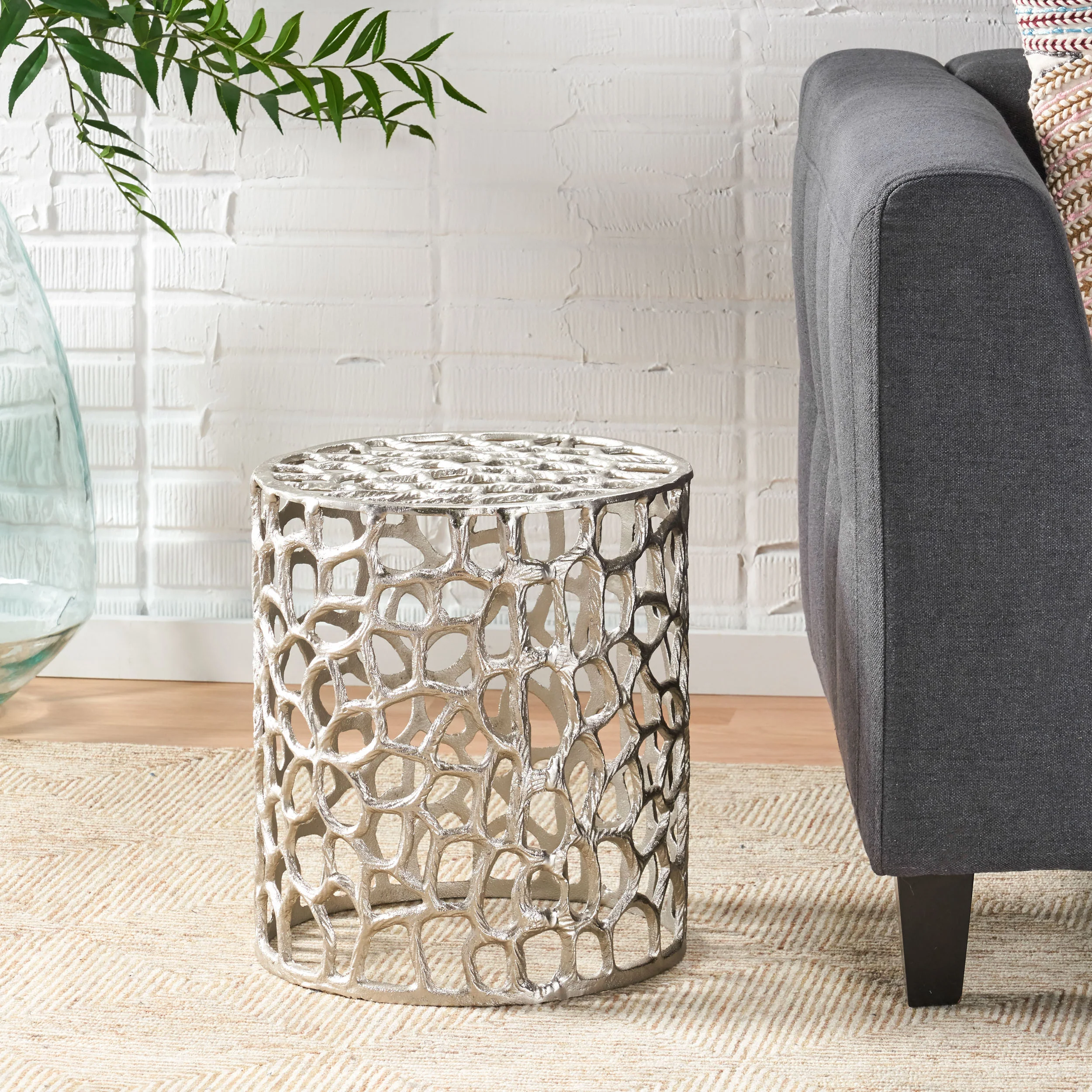 Graciela Modern Iron Mesh Accent Table, Nickel Antique - furnishings