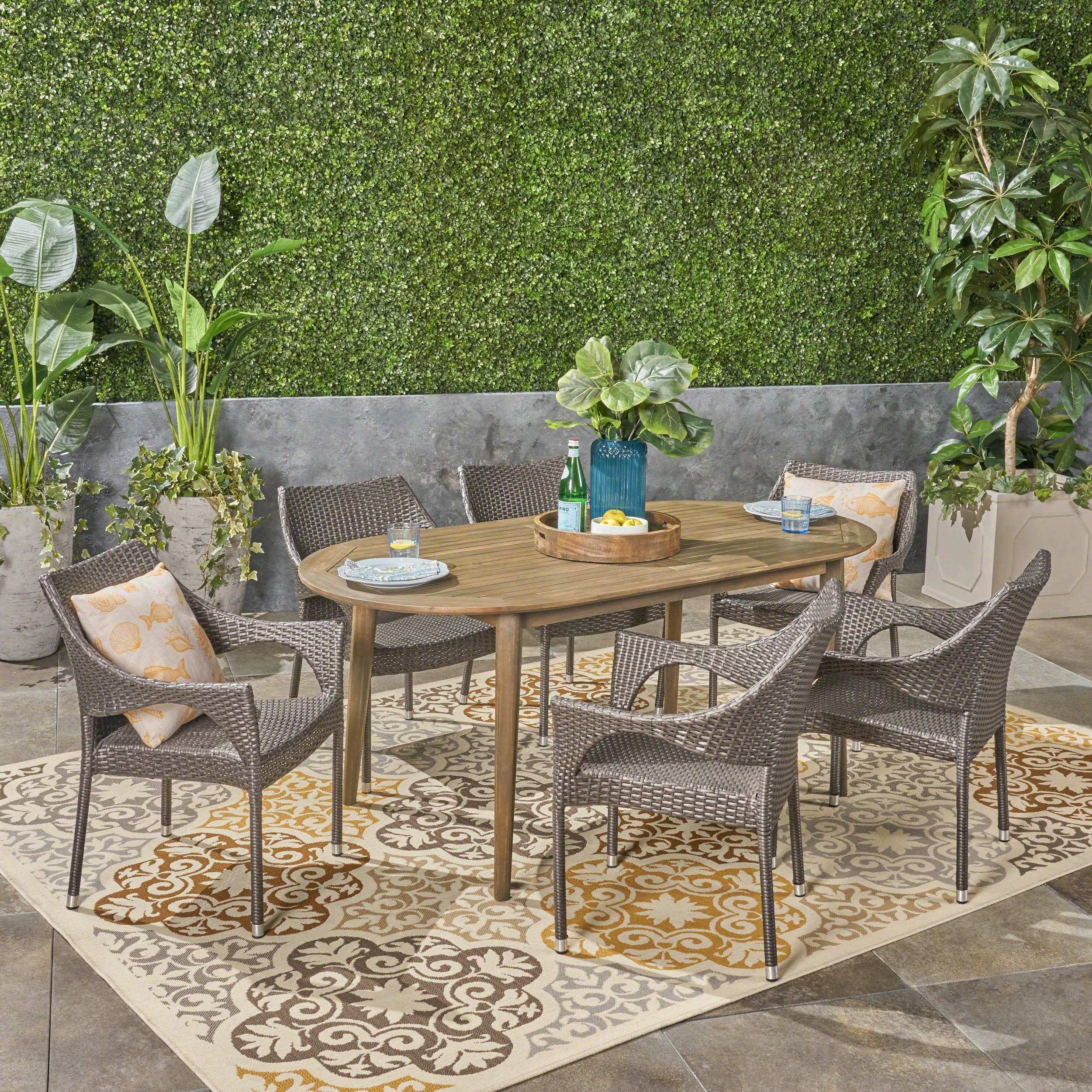 Fox Outdoor 7 Piece Acacia Wood Dining Set with Stacking Wicker Chairs - furnishings
