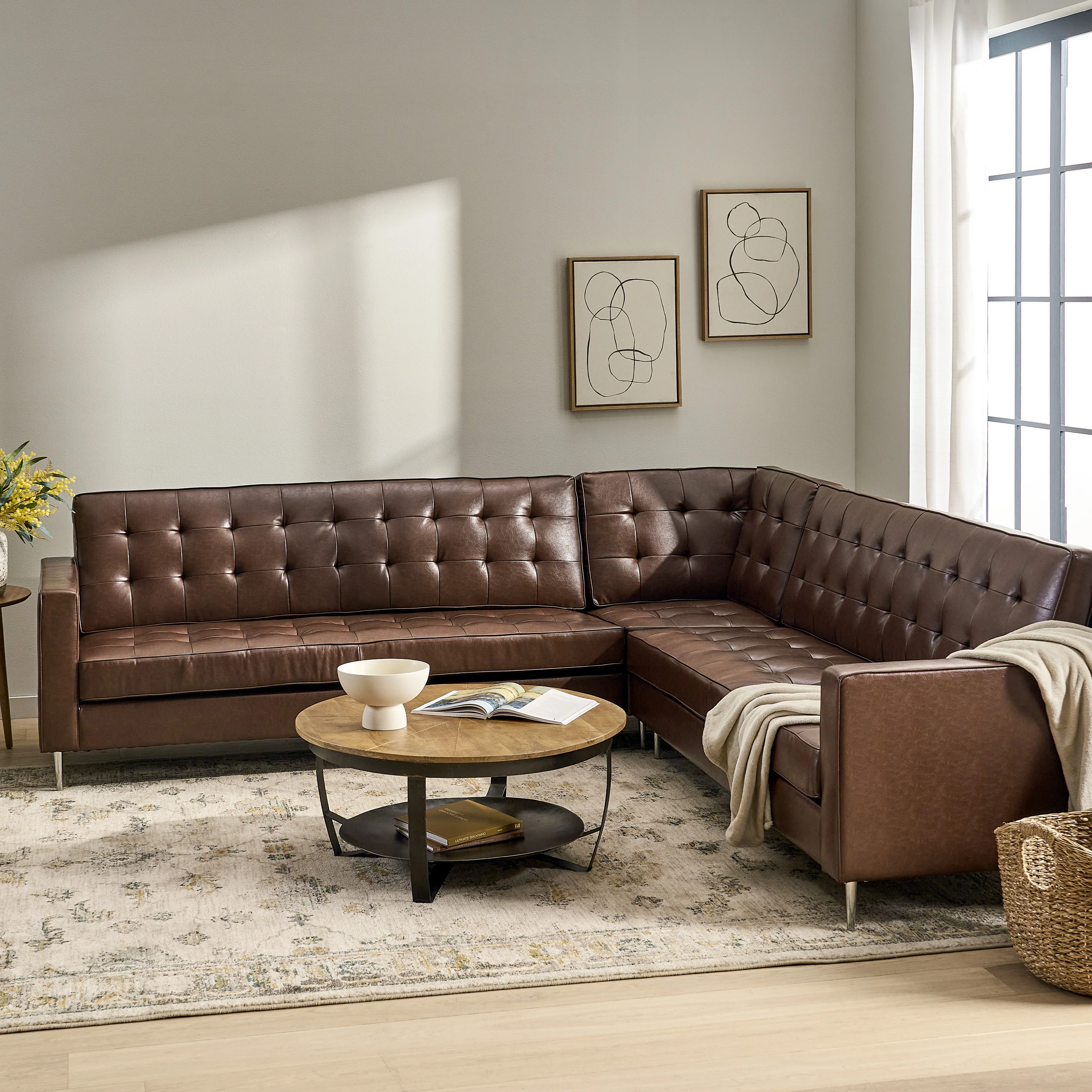 Goliath Contemporary Faux Leather Tufted 5 Seater Sectional Sofa Set - furnishings
