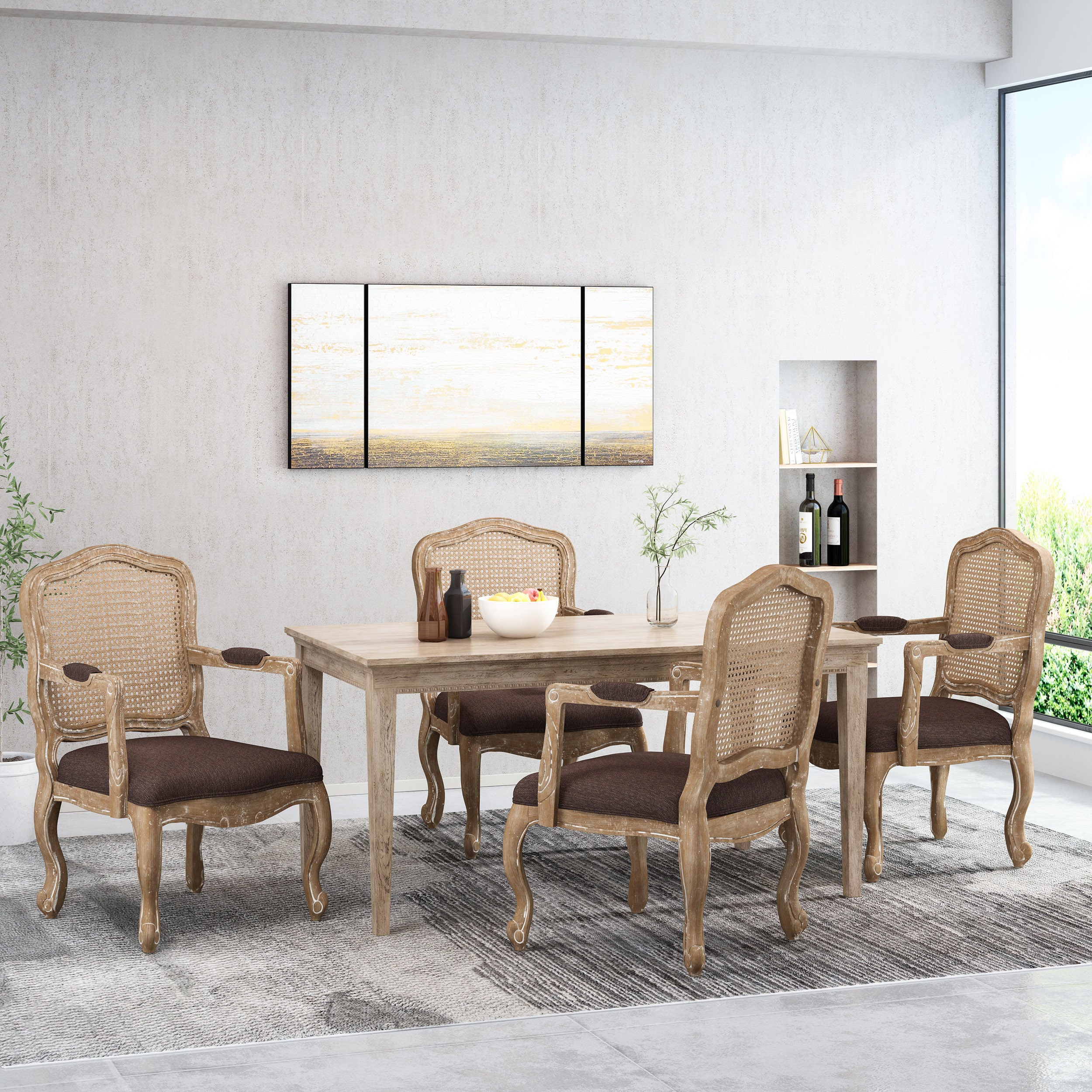 Biorn French Country Wood and Cane Upholstered Dining Armchair - furnishings