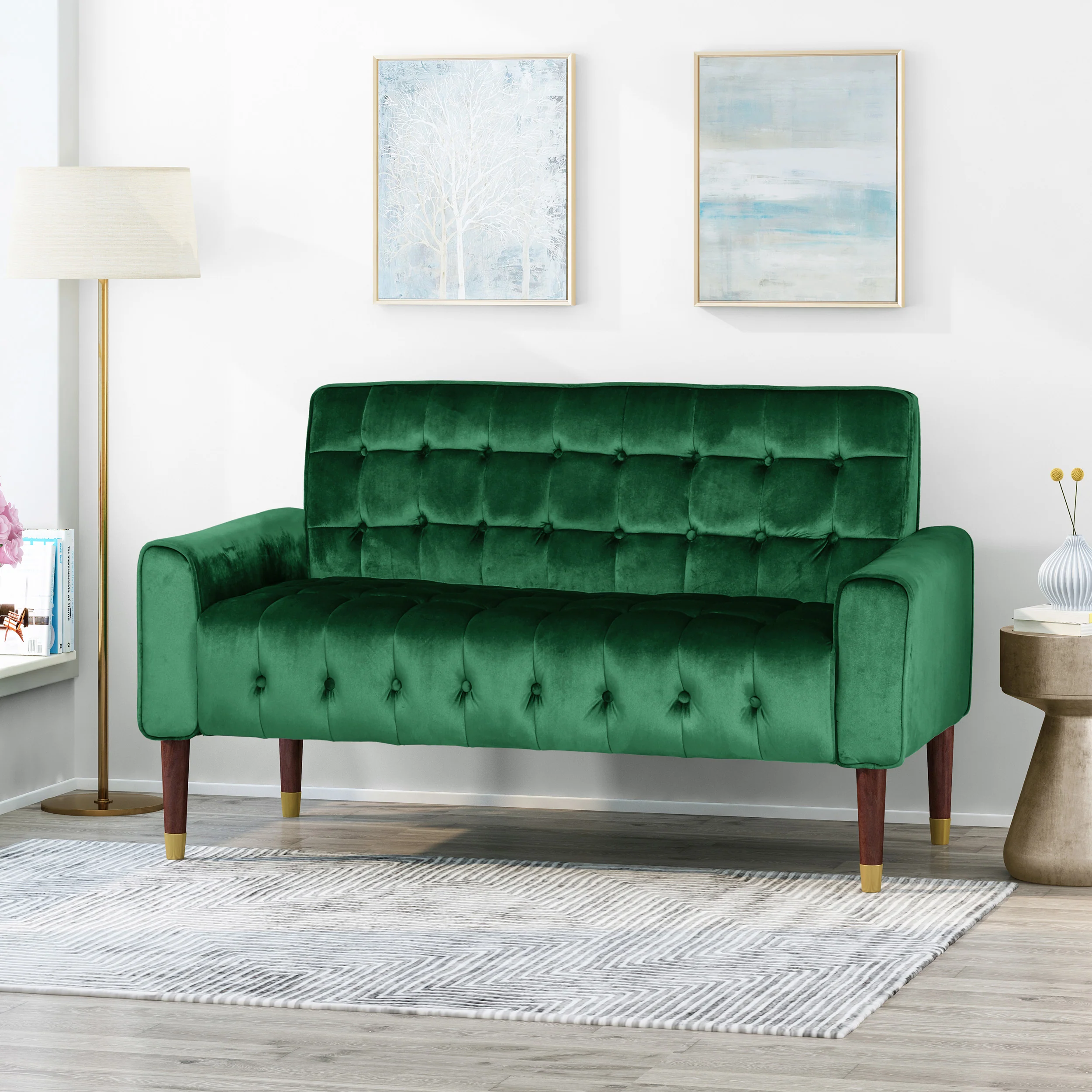 Aubrie Tufted Velvet Loveseat with Gold Tipped Tapered Legs - furnishings