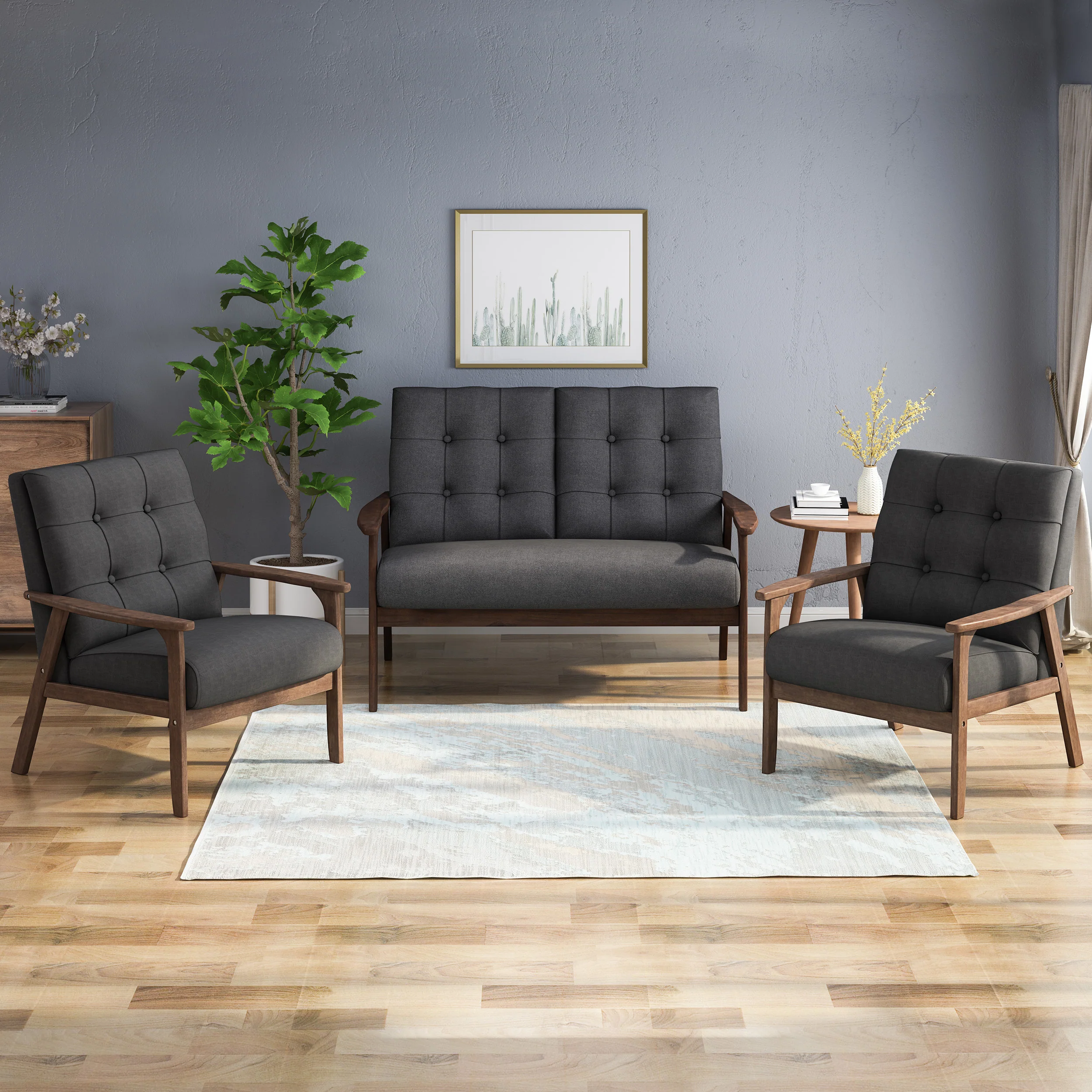 Maureen Mid-Century Modern 3-Piece Fabric Chairs & Love Seat Living Room Set - furnishings