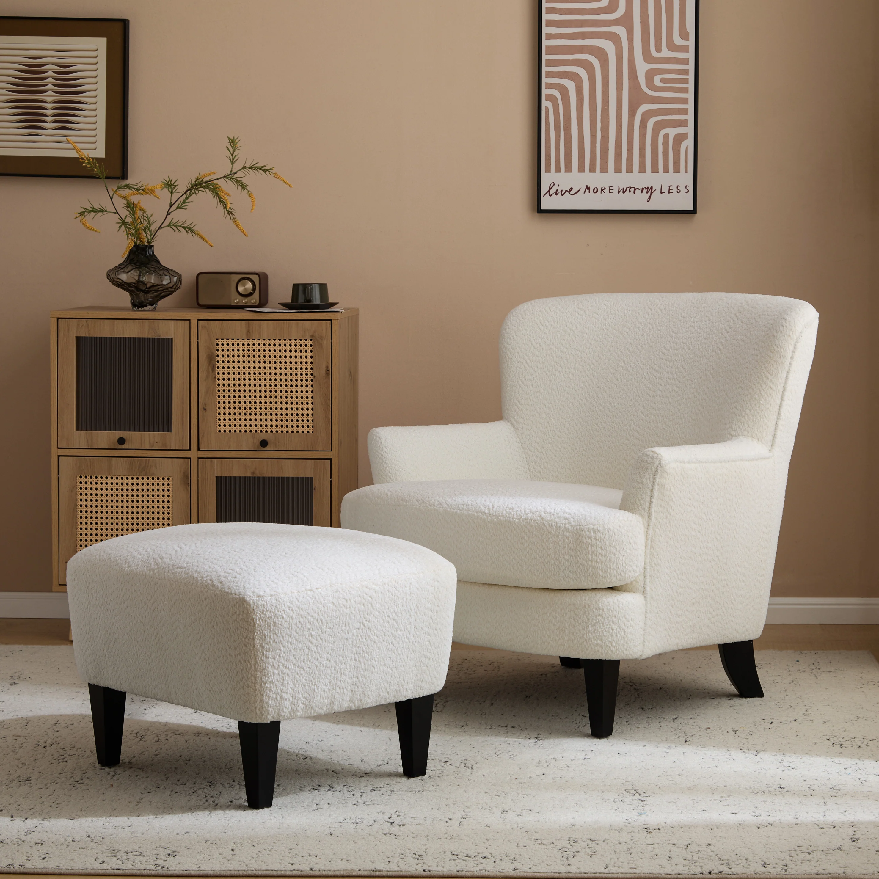 Lyrae Modern Birch Upholstered Club Chair with Ottoman, Off-White - furnishings