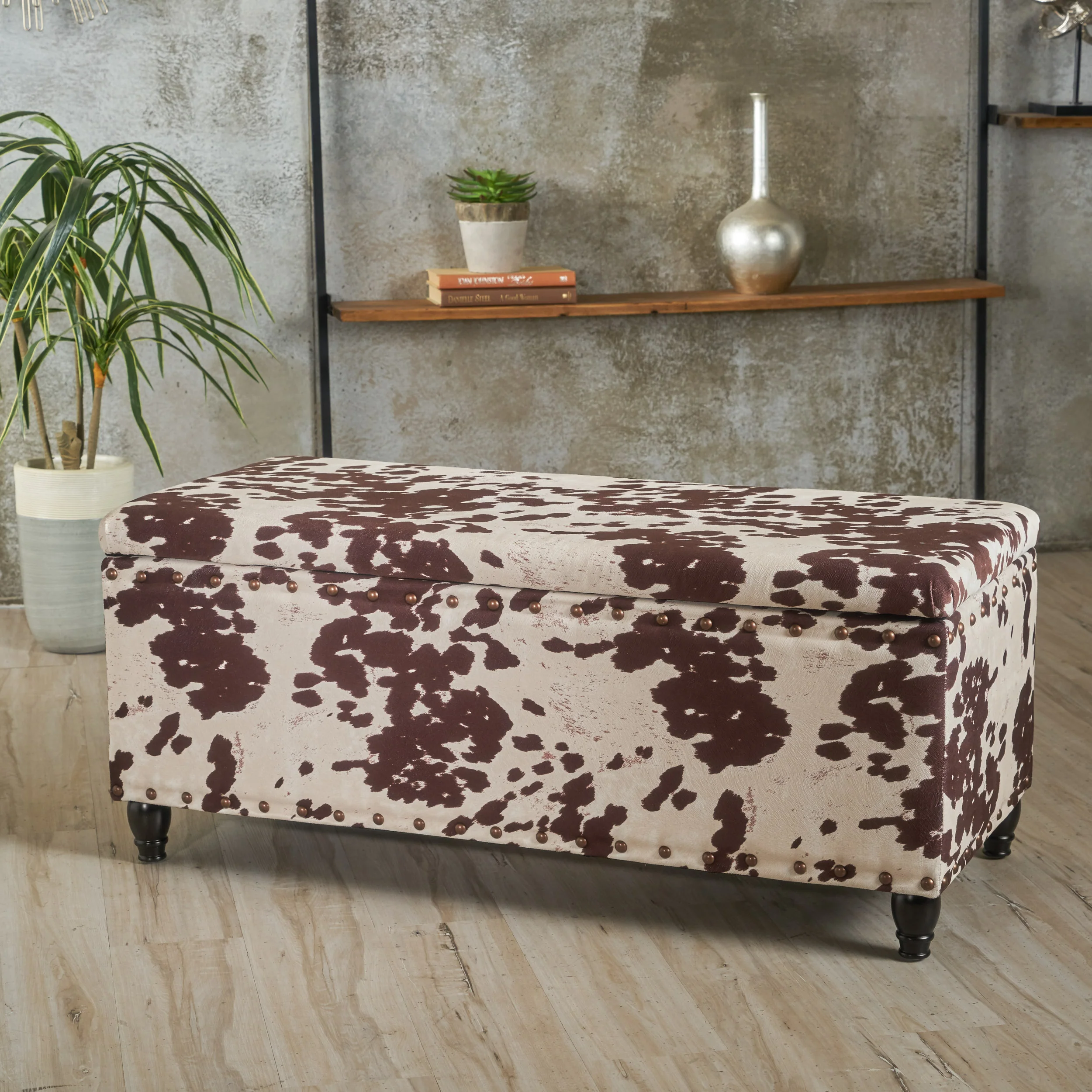 Tatiana Contemporary Velvet Storage Ottoman with Nailhead Trim, Milk Cow Pattern and Dark Brown - furnishings
