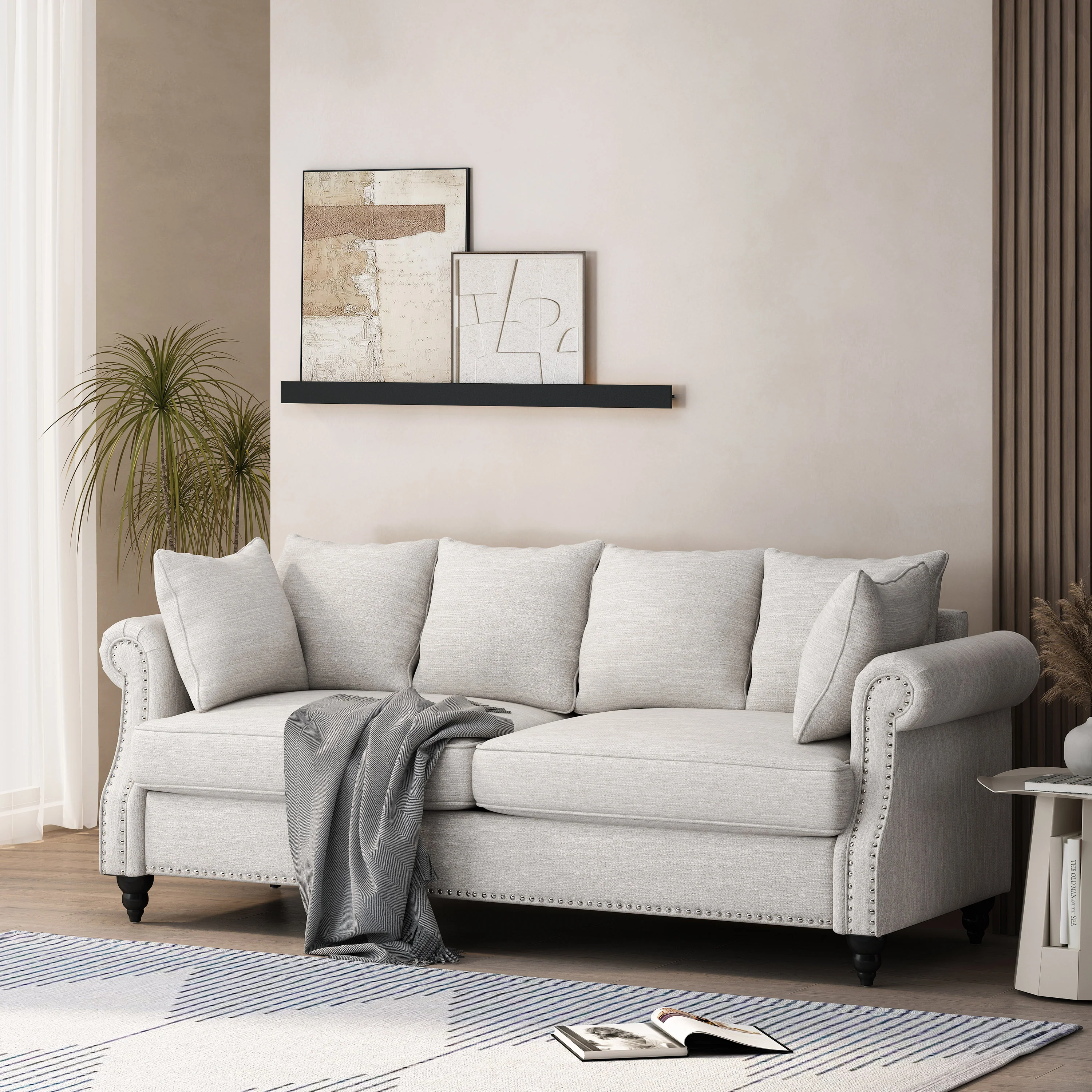 Bonny Contemporary Fabric Pillowback 3 Seater Sofa with Nailhead Trim - furnishings