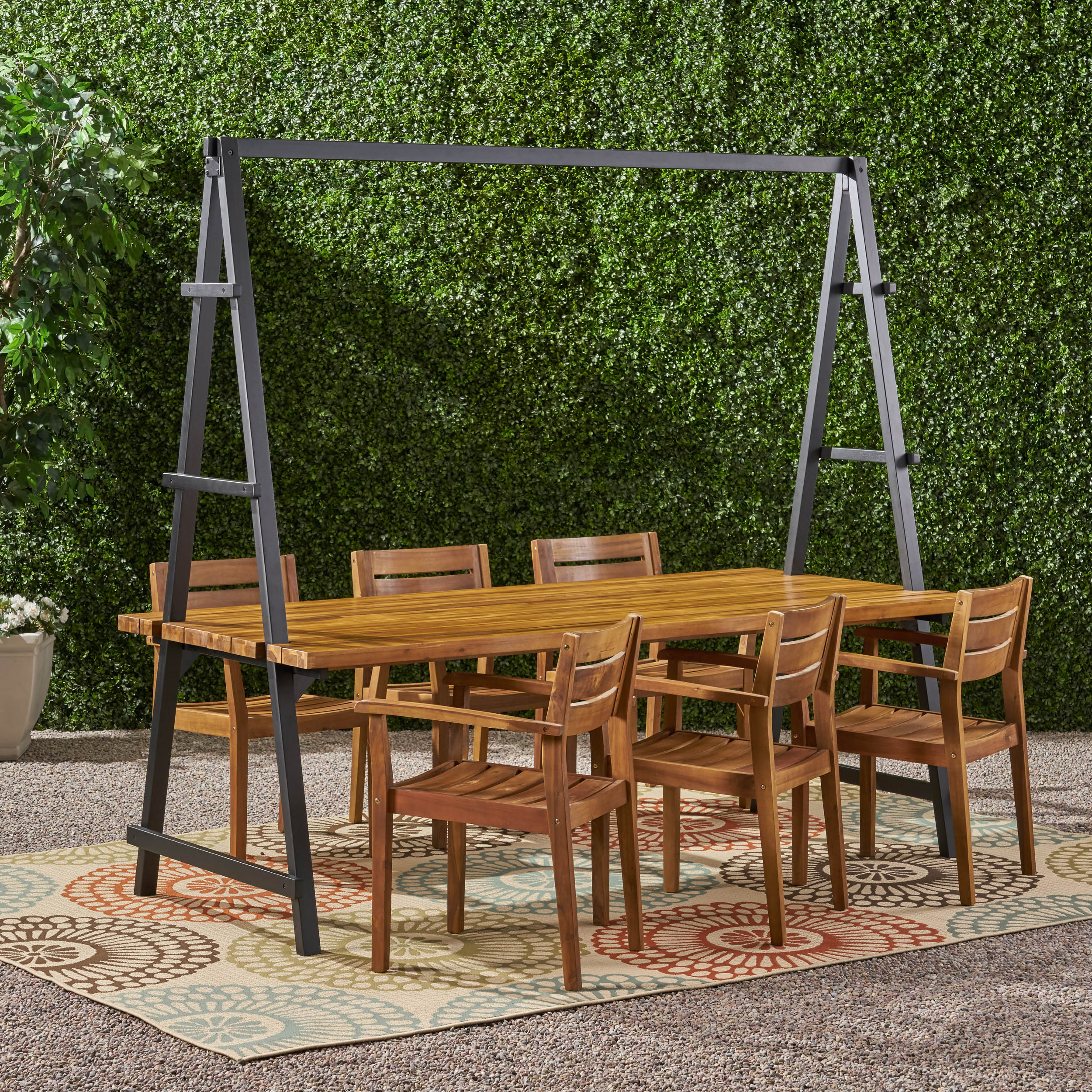 Kinley Outdoor Modern 6 Seater Acacia Wood and Iron Planter Dining Set - furnishings