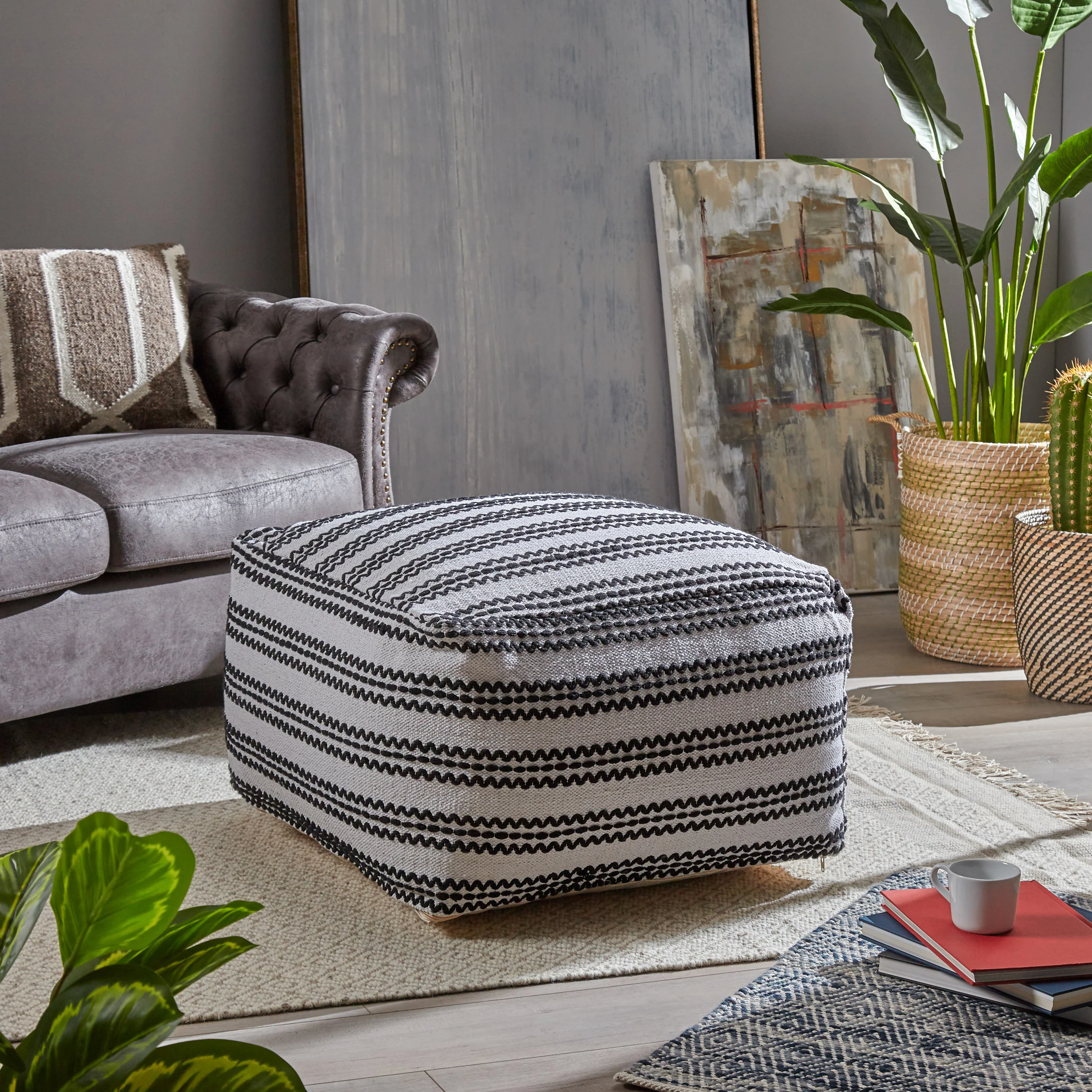 Lillian Large Square Casual Pouf, Contemporary, Black and Natural Cotton - furnishings