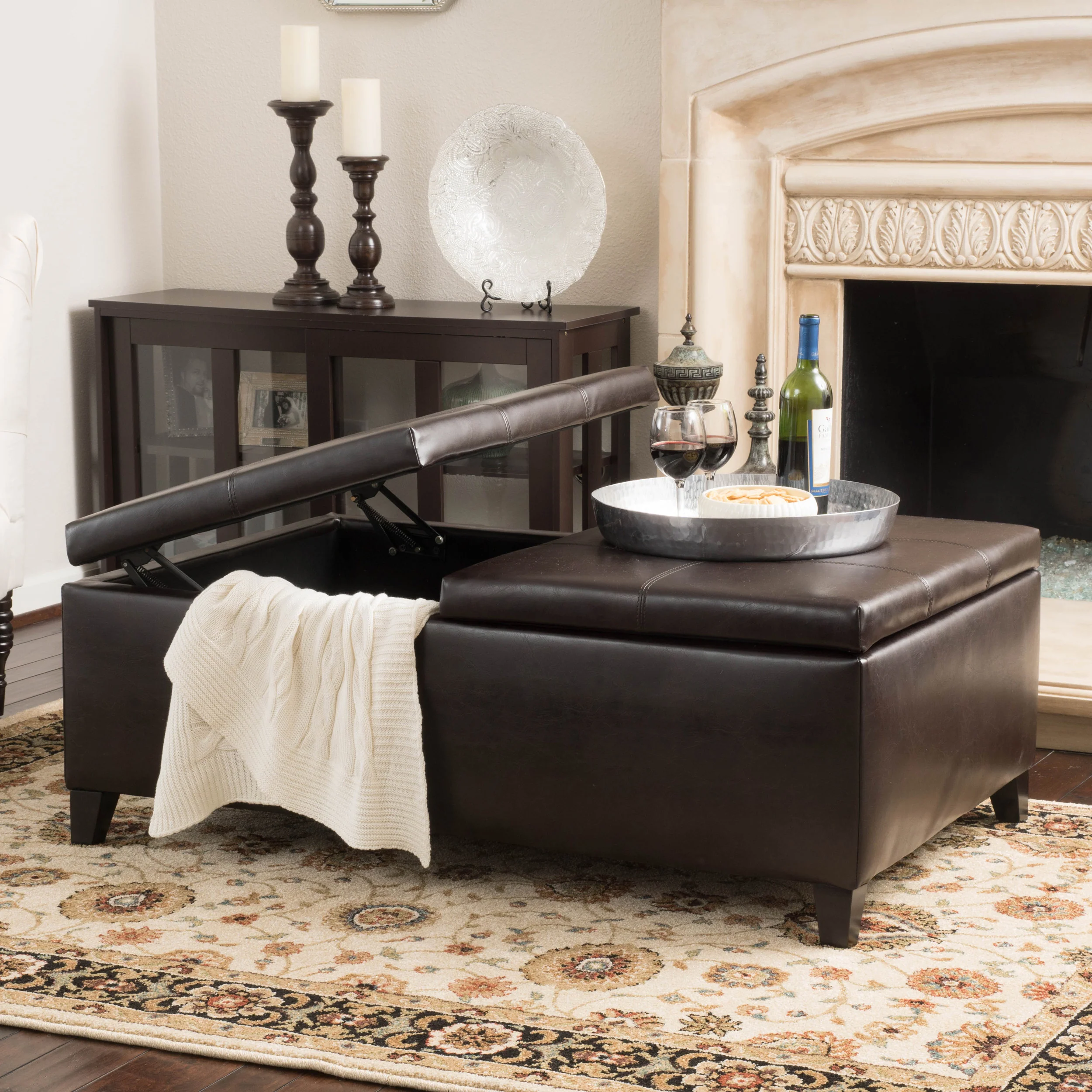 Lannisport Contemporary Button Tufted Brown Split Top Storage Ottoman - furnishings