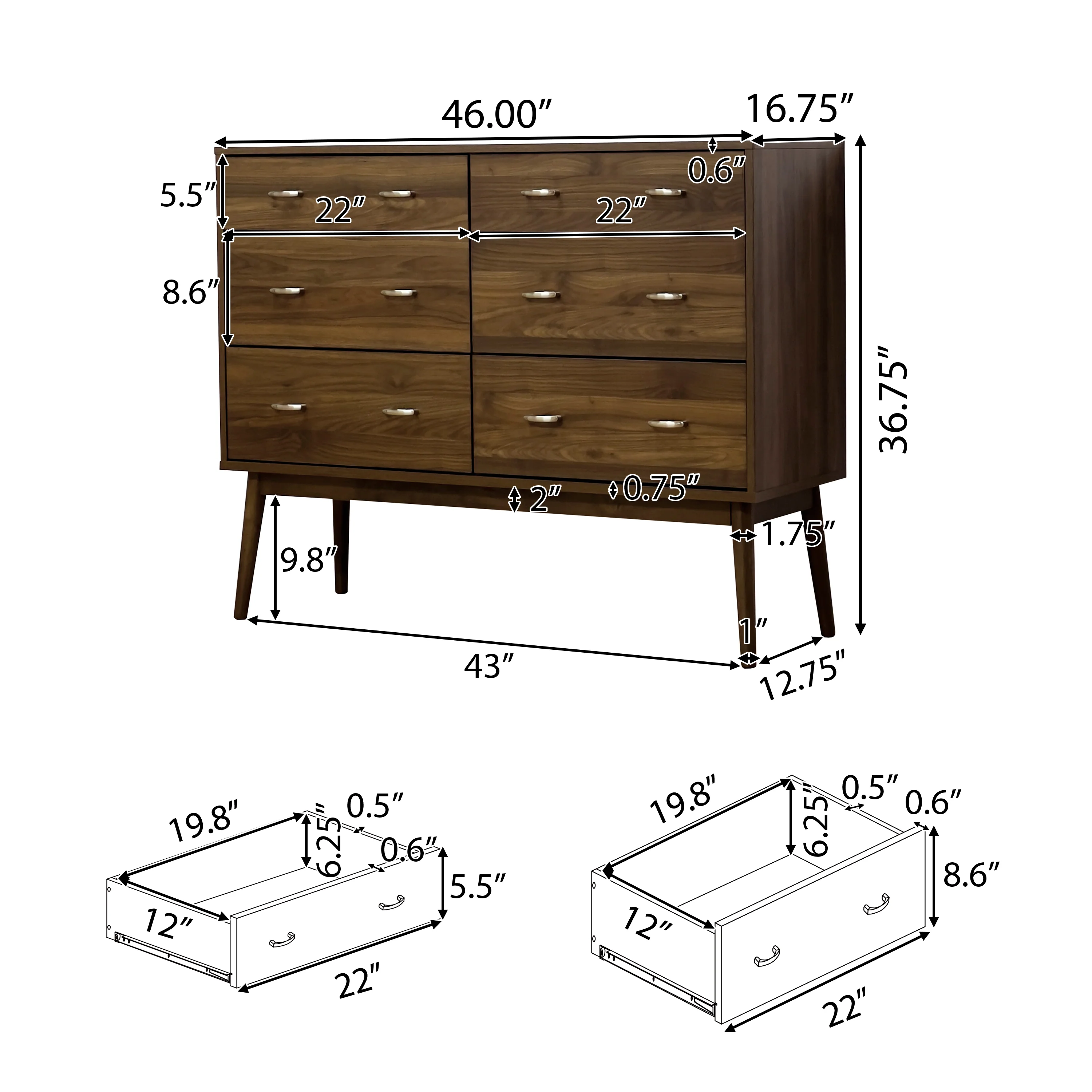 Wilbur Mid Century Modern Wooden 6 Drawer Double Dresser - furnishings