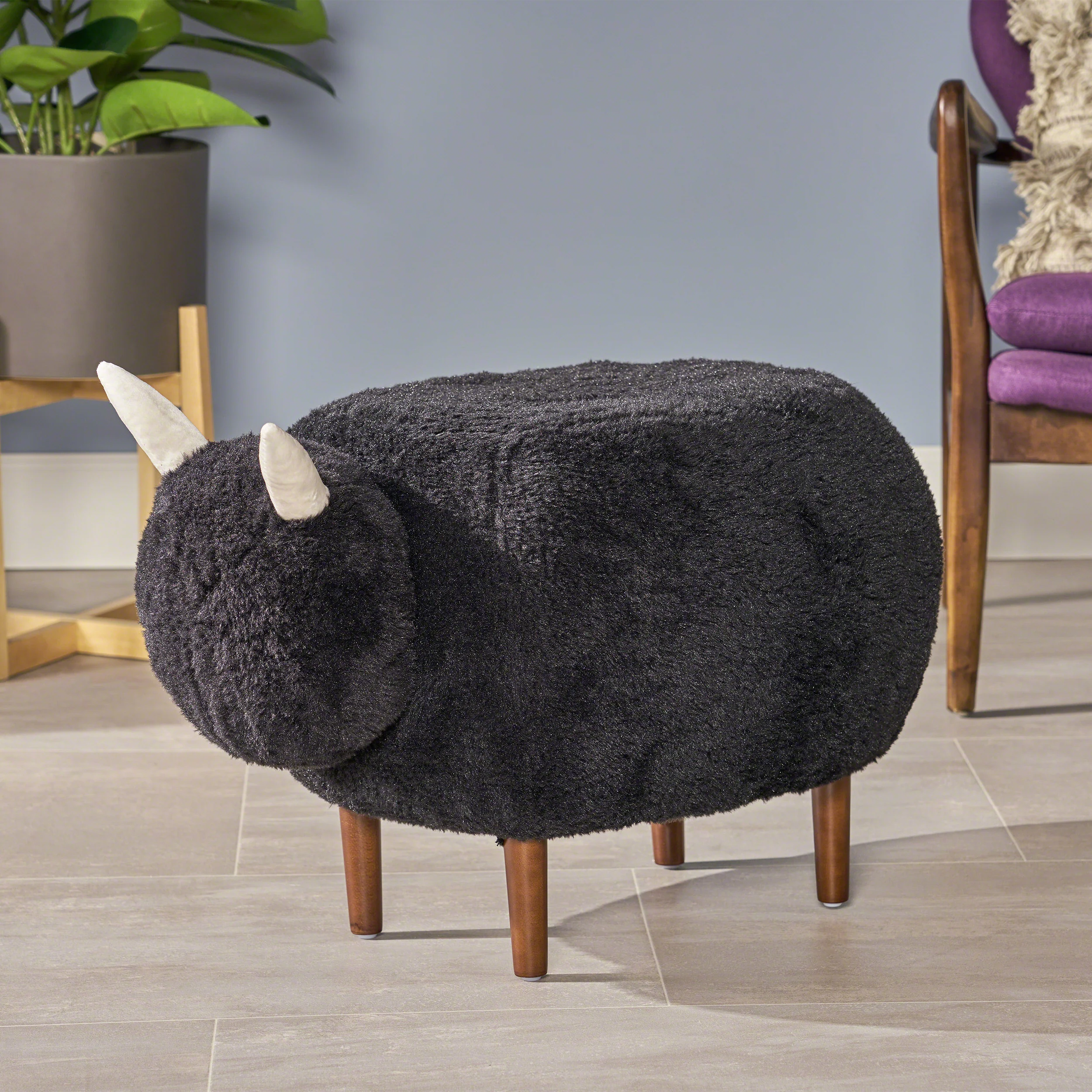 Brebis Furry Sheep Ottoman, Black - furnishings