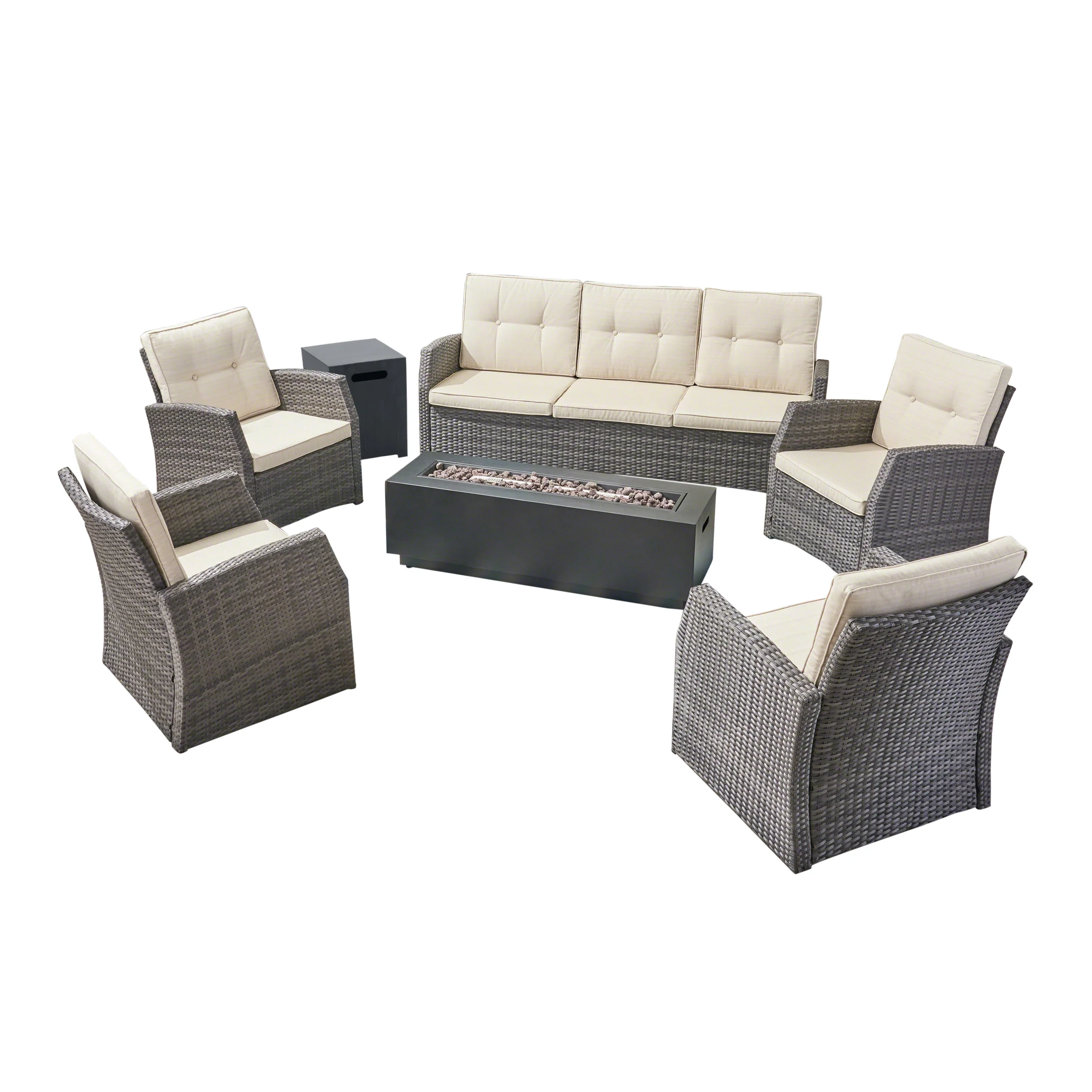 Jake Outdoor 7 Seater Wicker Chat Set with an Iron Fire Pit, Gray and Dark Gray - furnishings