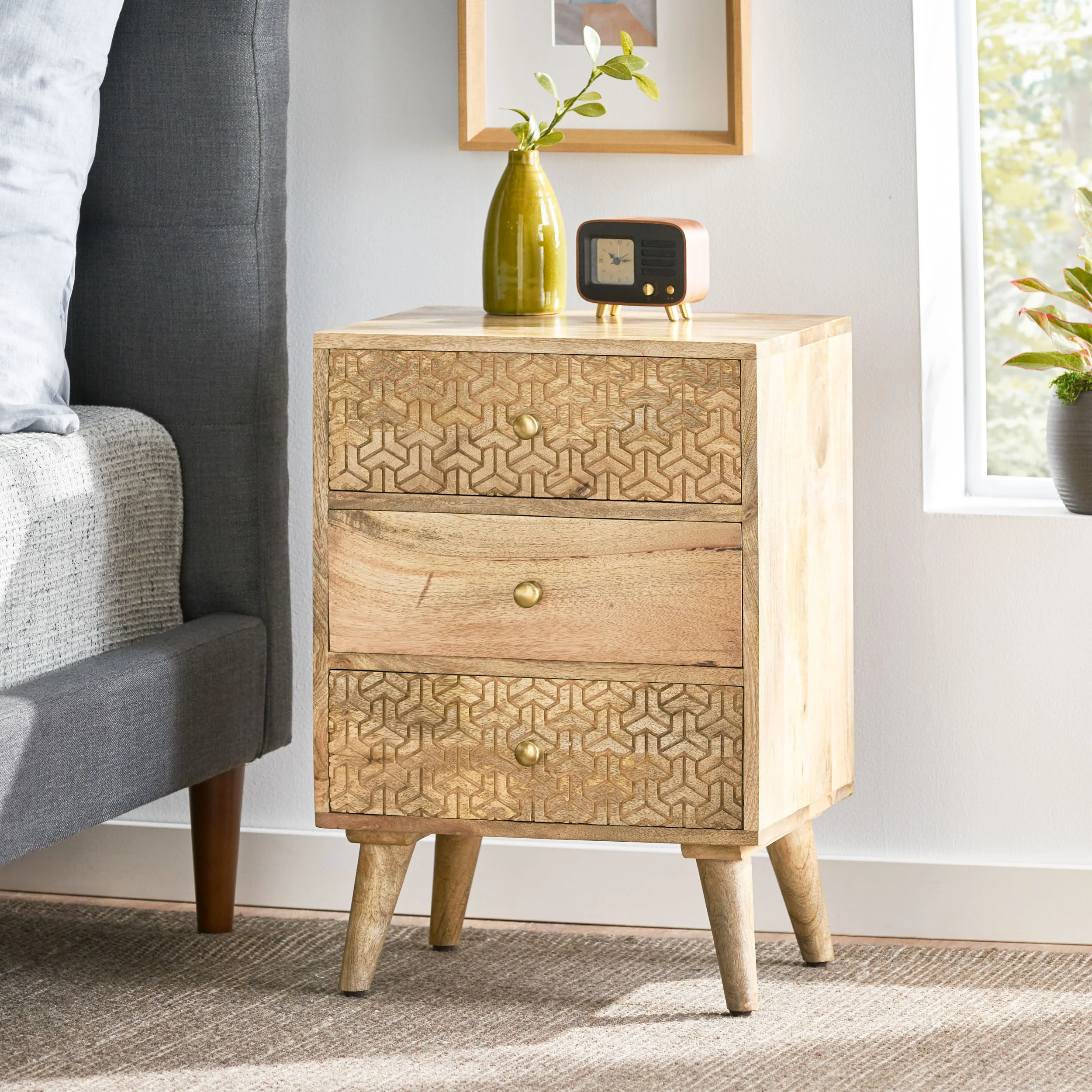 Stowe Boho Handcrafted Mango Wood 3 Drawer Nightstand, Natural - furnishings