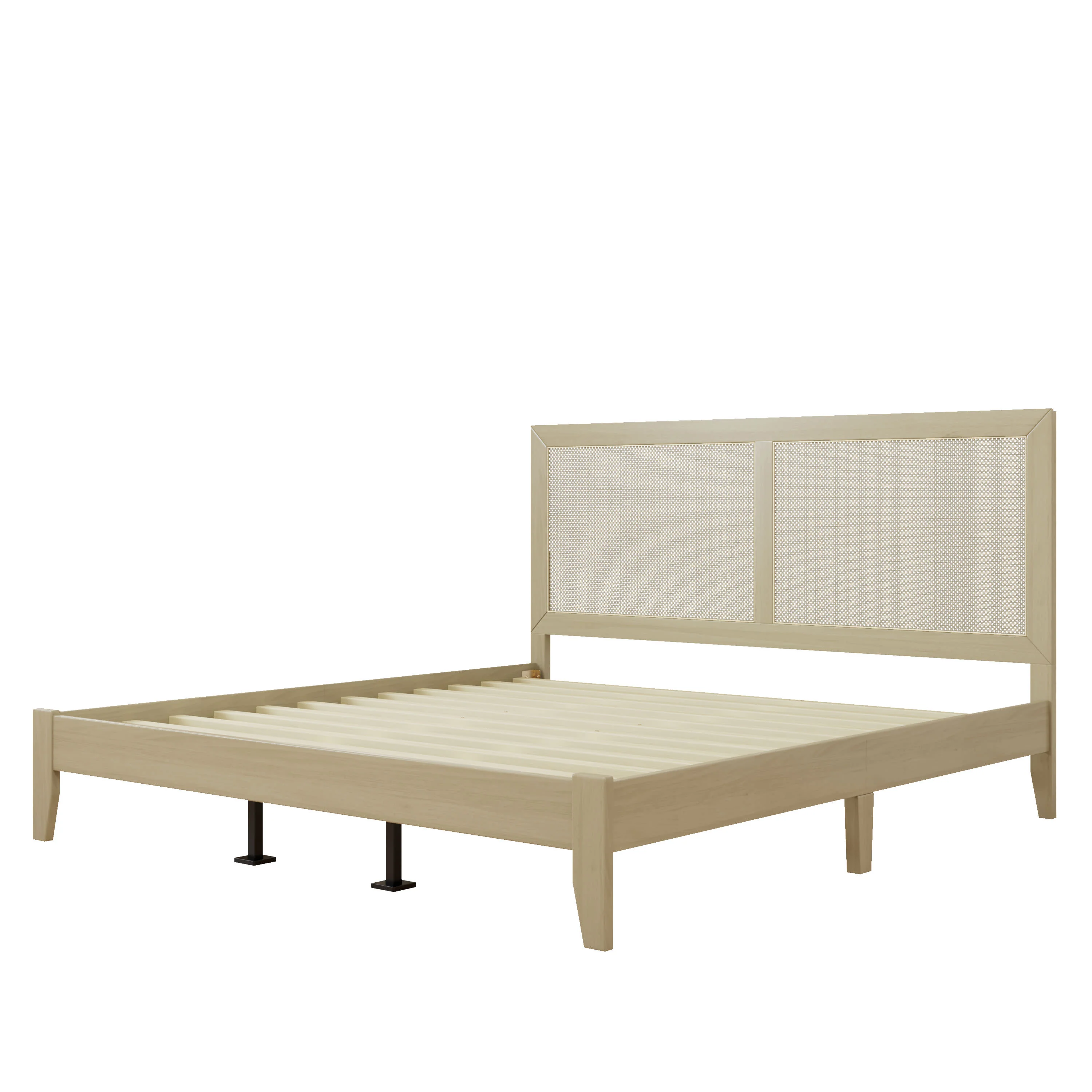 Linenwood Eudoca Rubber Wood Platform Bed with Rattan Woven Headboard, Natural - furnishings