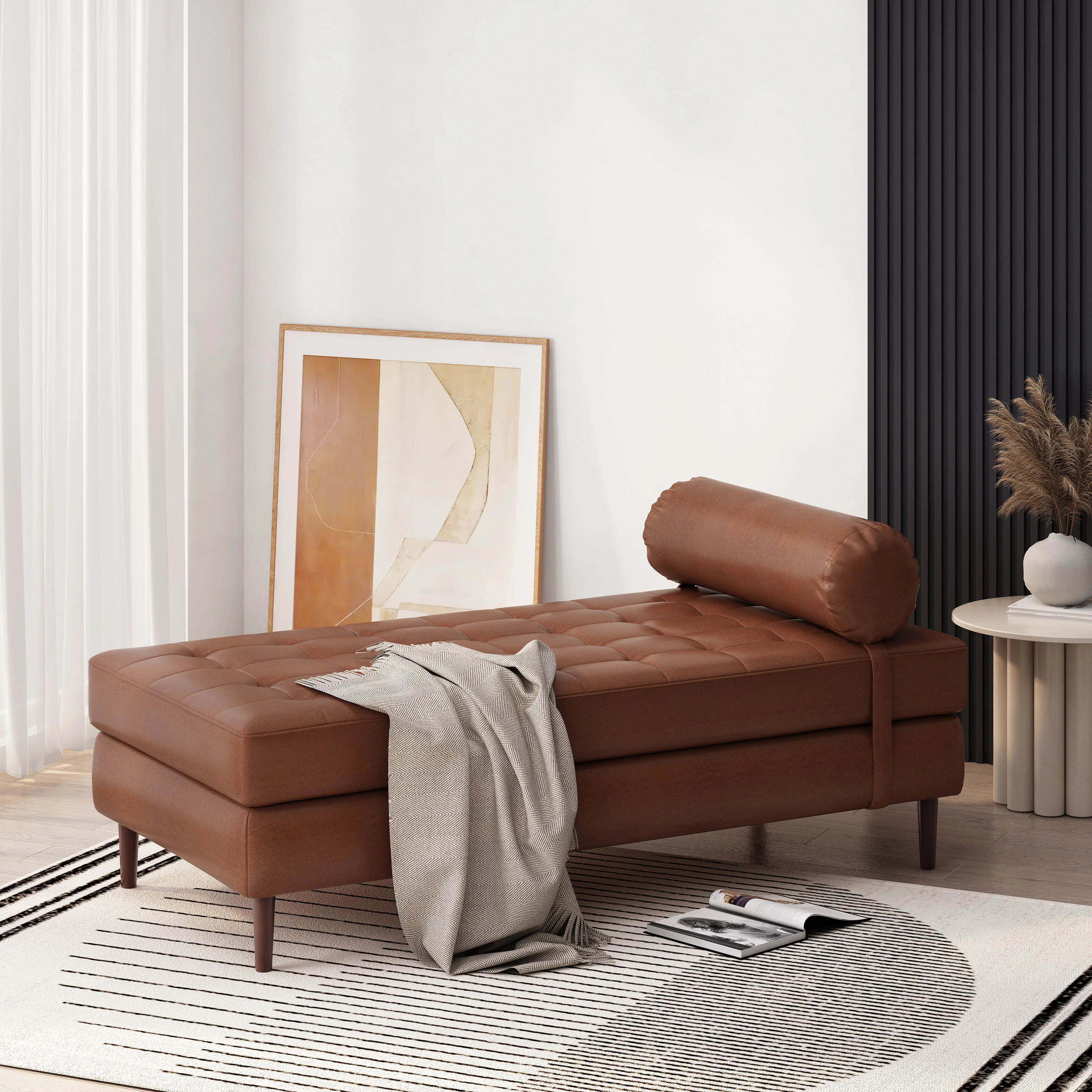 Elkjer Mid Century Modern Faux Leather Tufted Chaise Lounge with Bolster Pillow - furnishings