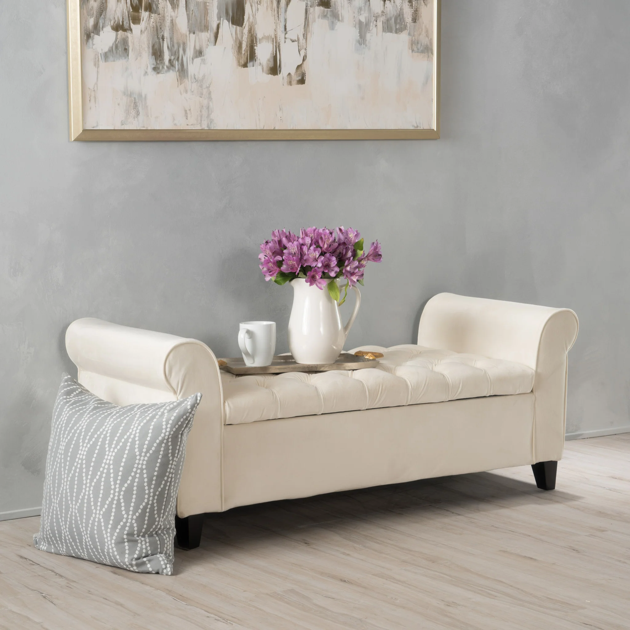 Berggren Contemporary Rolled Arm Velvet Storage Ottoman Bench, Ivory and Dark Brown - furnishings