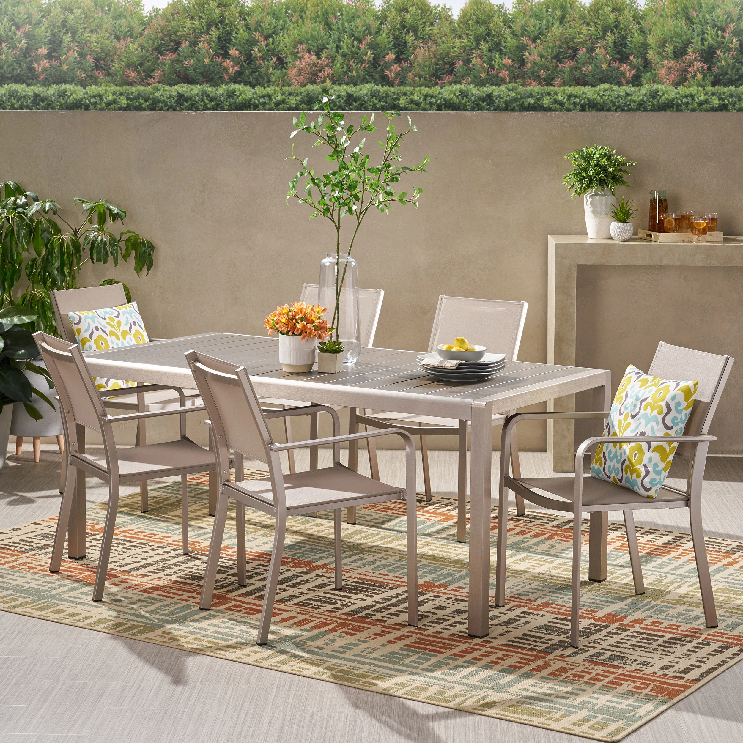 Thali Outdoor Modern 6 Seater Aluminum Dining Set with Faux Wood Table Top - furnishings