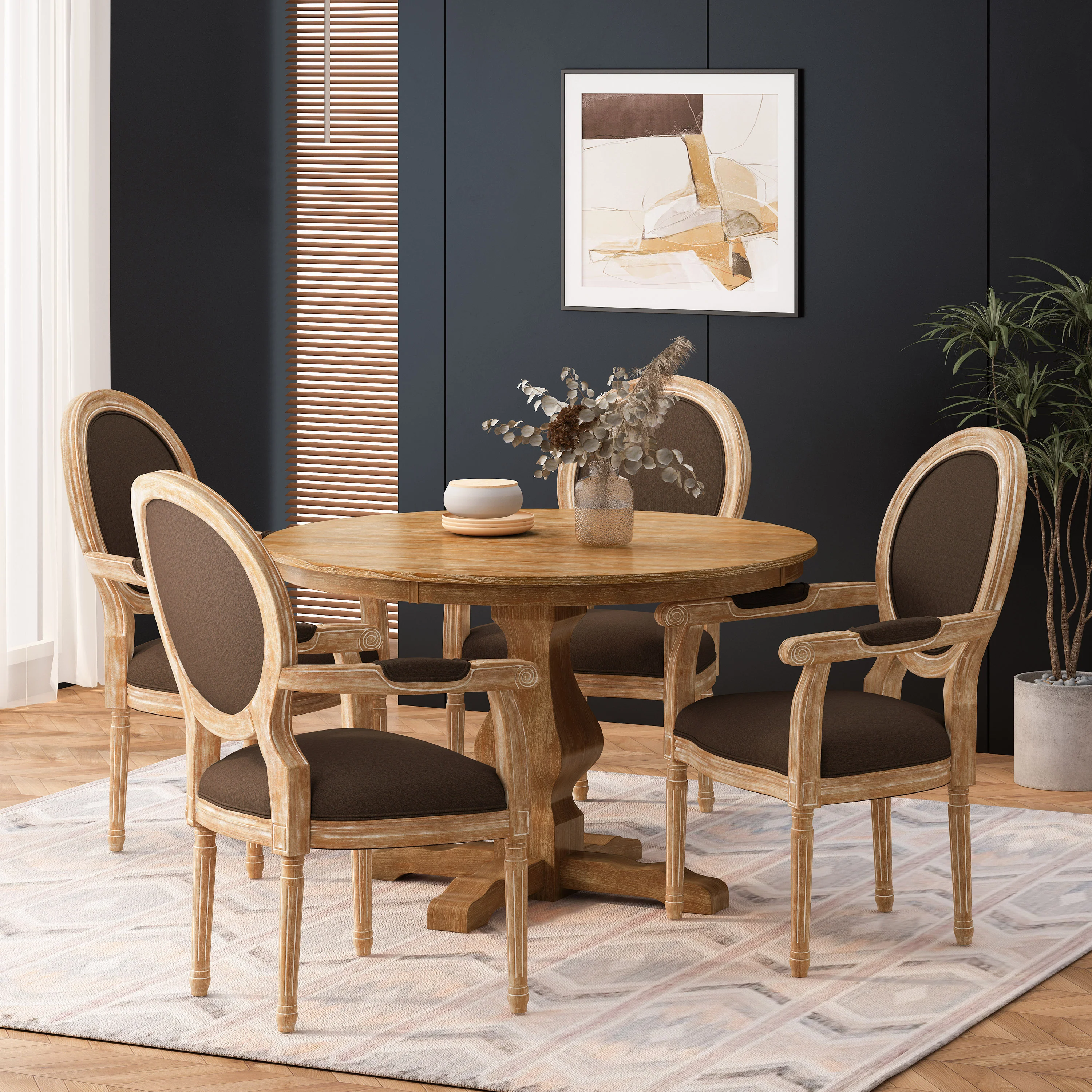 Bryan French Country Fabric Upholstered Wood 5 Piece Circular Dining Set - furnishings